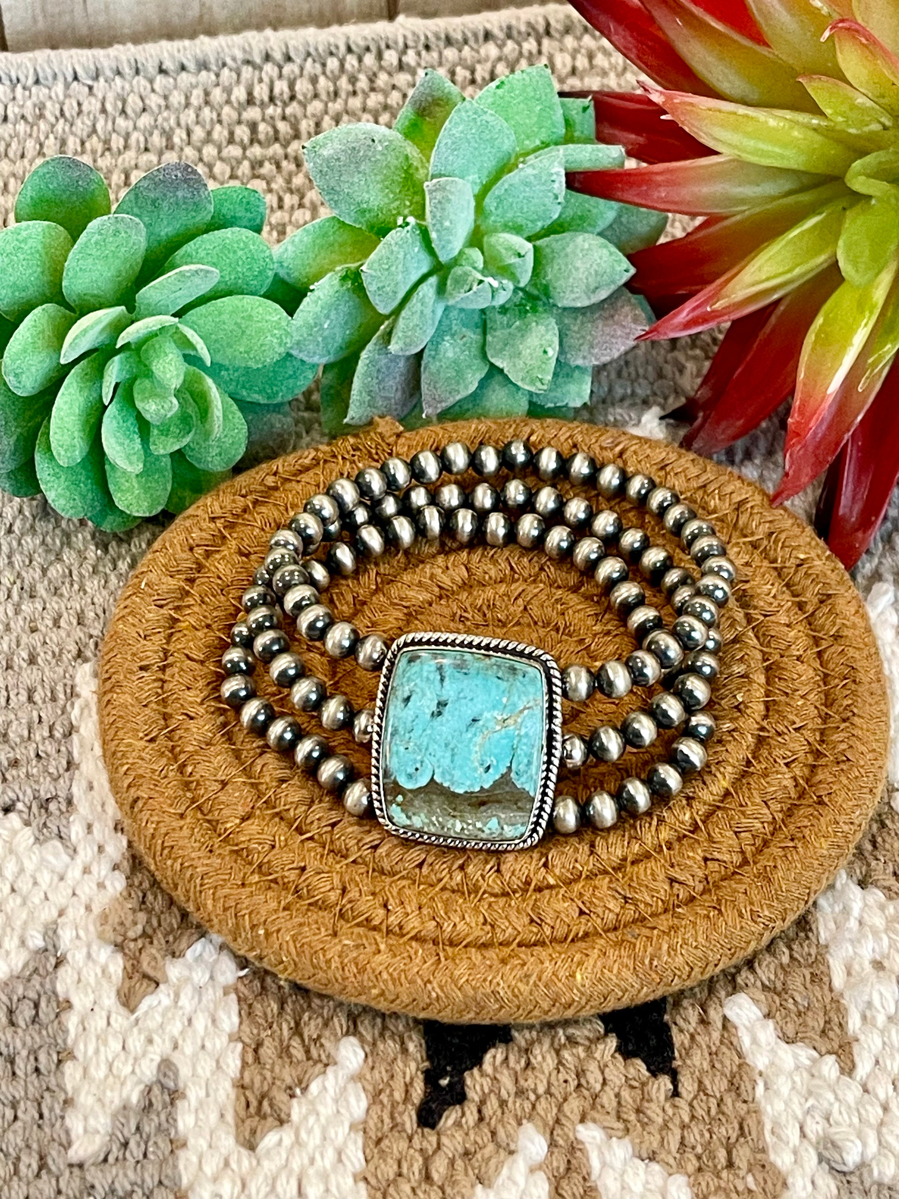 Southwest Handmade Number 8 Turquoise & Sterling Silver 3 Strand Beaded Stretch Bracelet