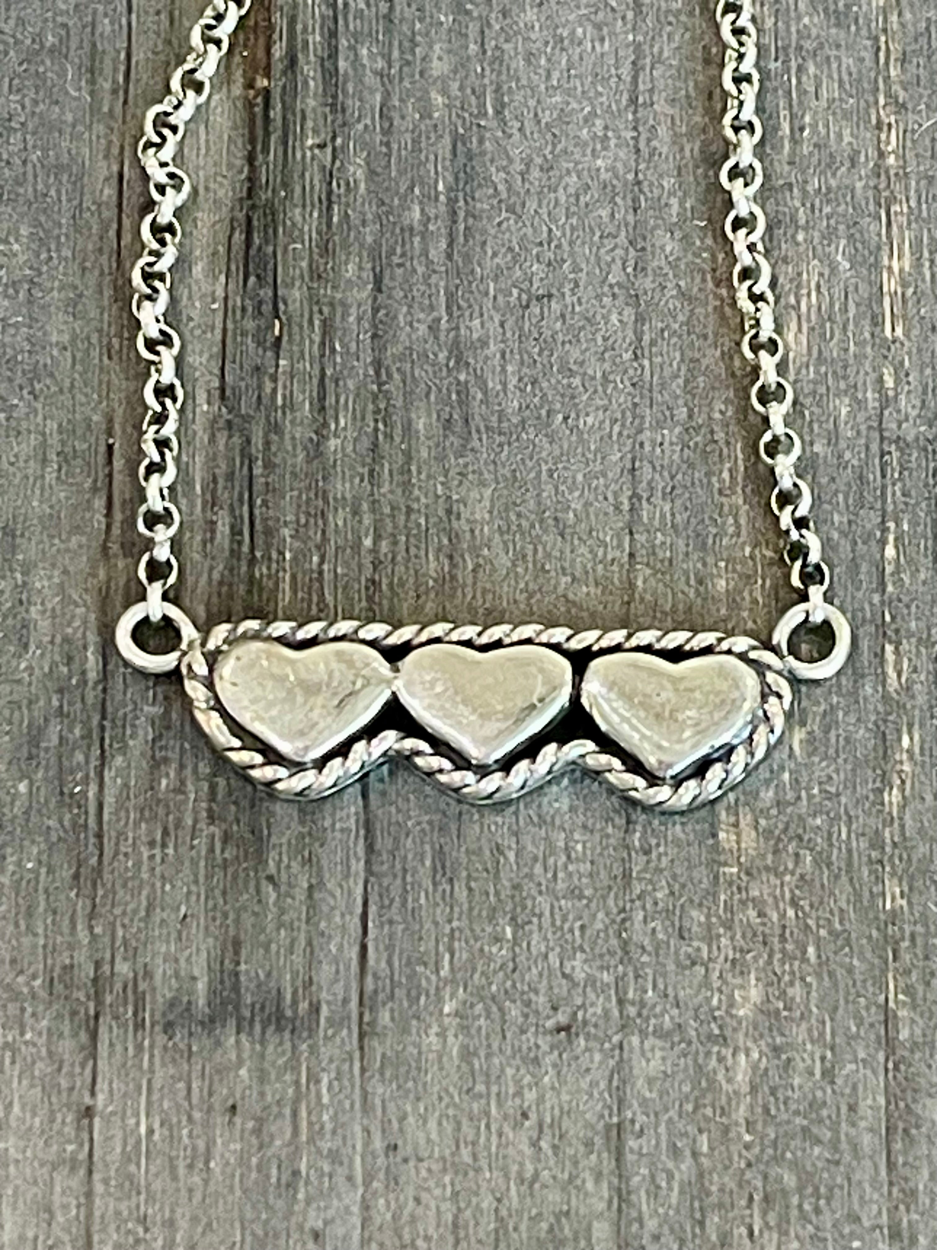 Southwest Sterling Silver 3 Heart Bar Necklace