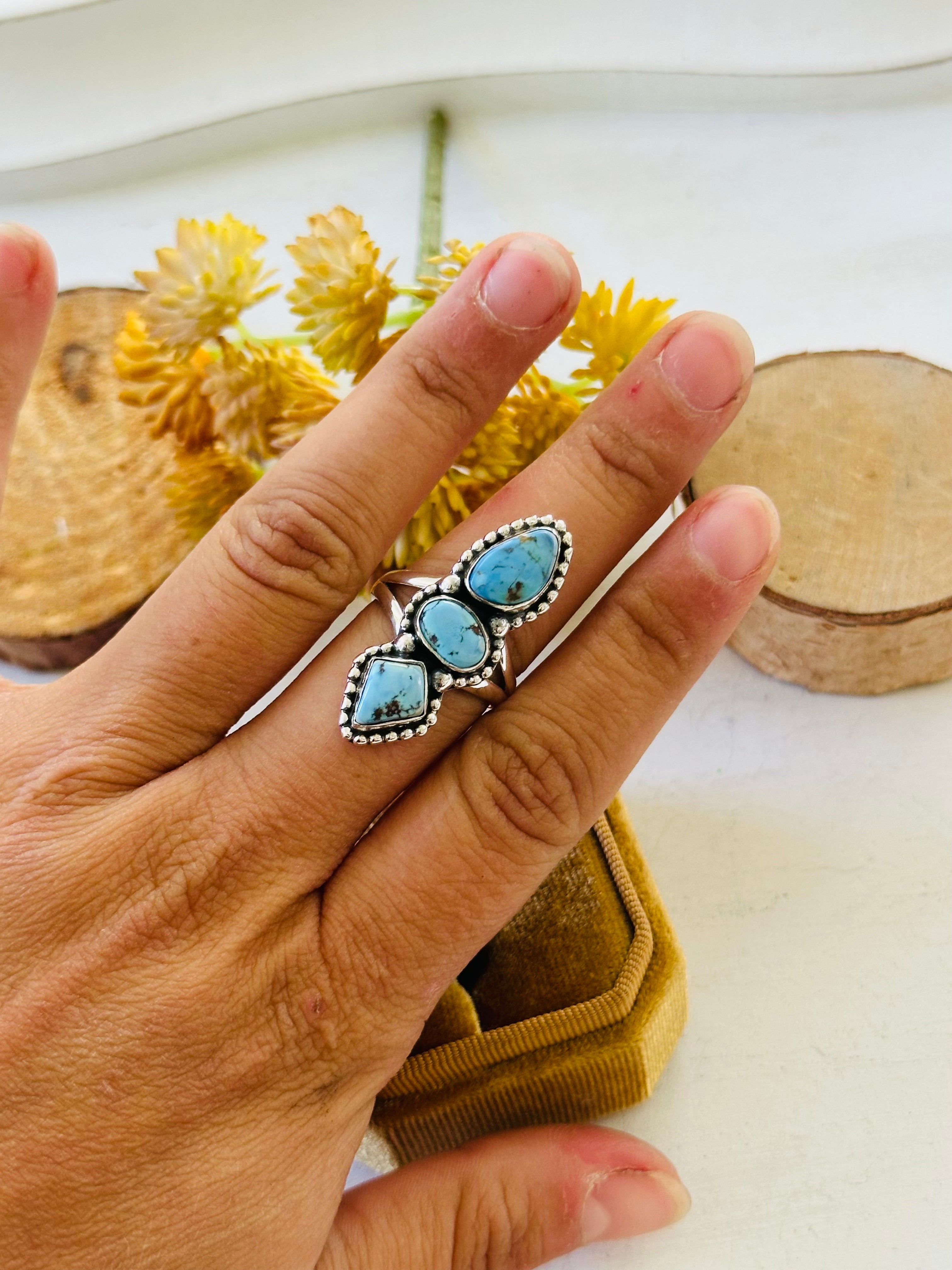 Southwest Handmade Golden Hills Turquoise & Sterling Silver Ring Size 7.25