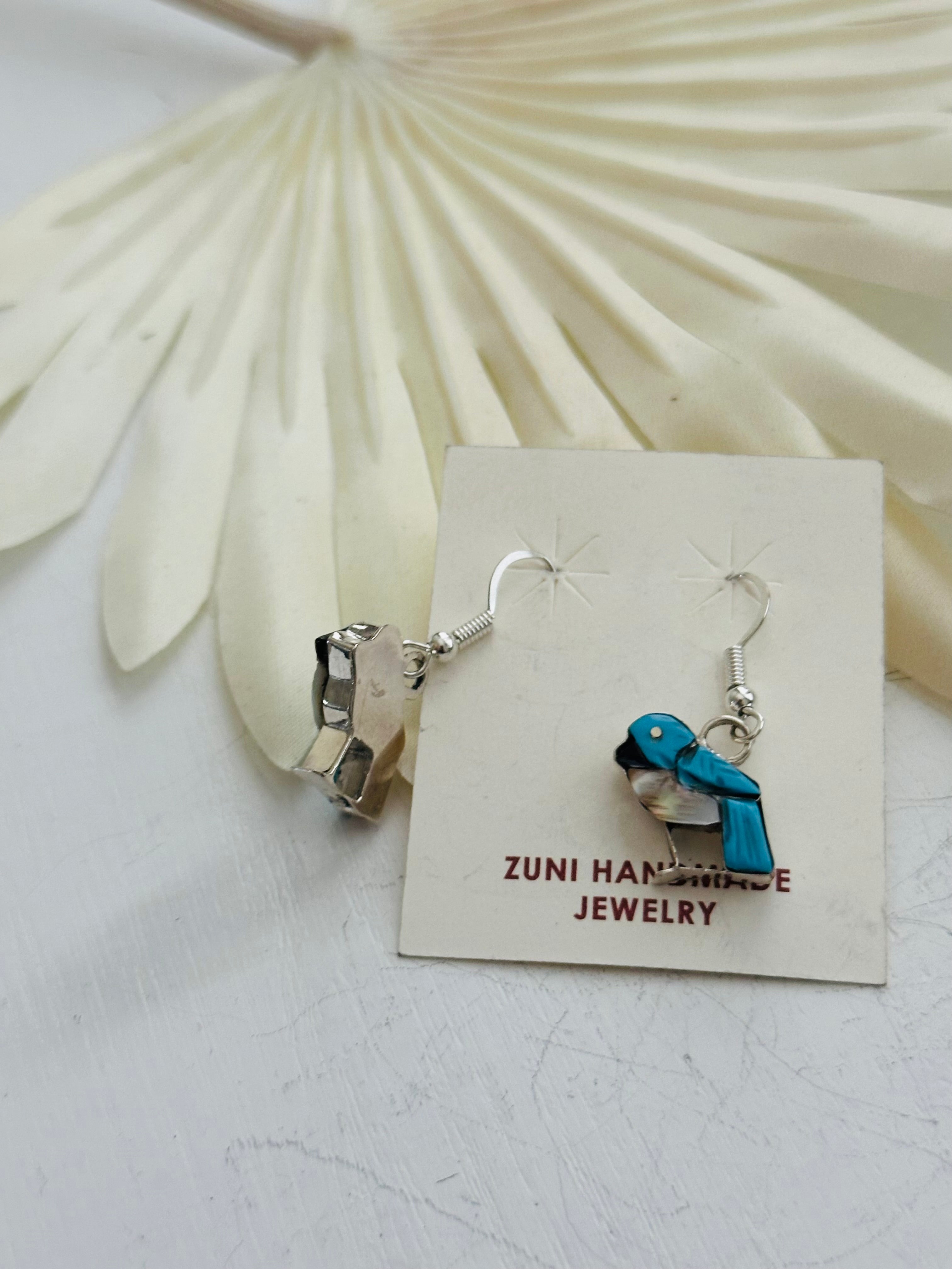 Zuni Fetish Multi Stone & Sterling Silver Dangle Earrings