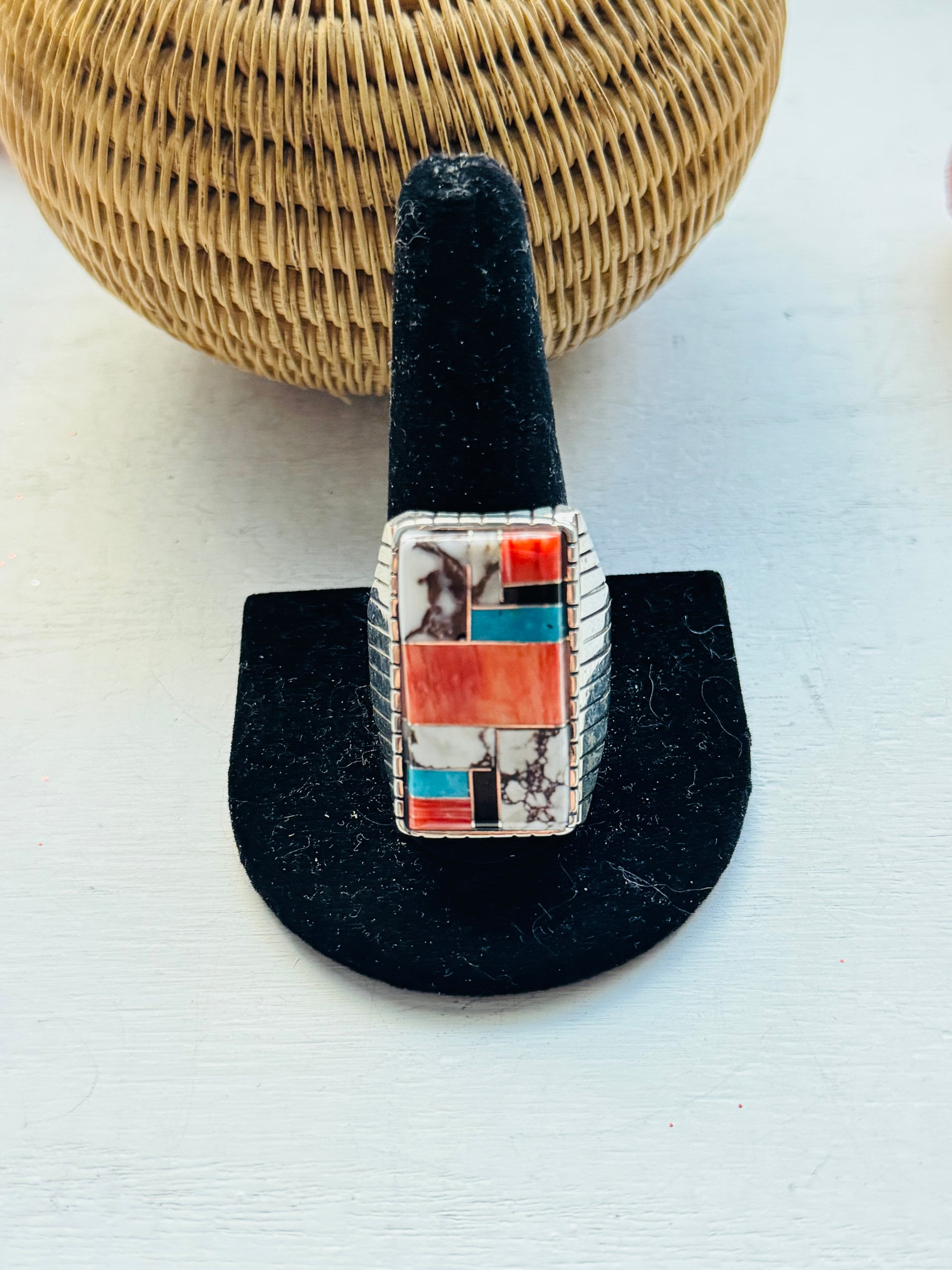 Ray Jack Multi Stone & Sterling Silver Inlay Ring Size 12.75