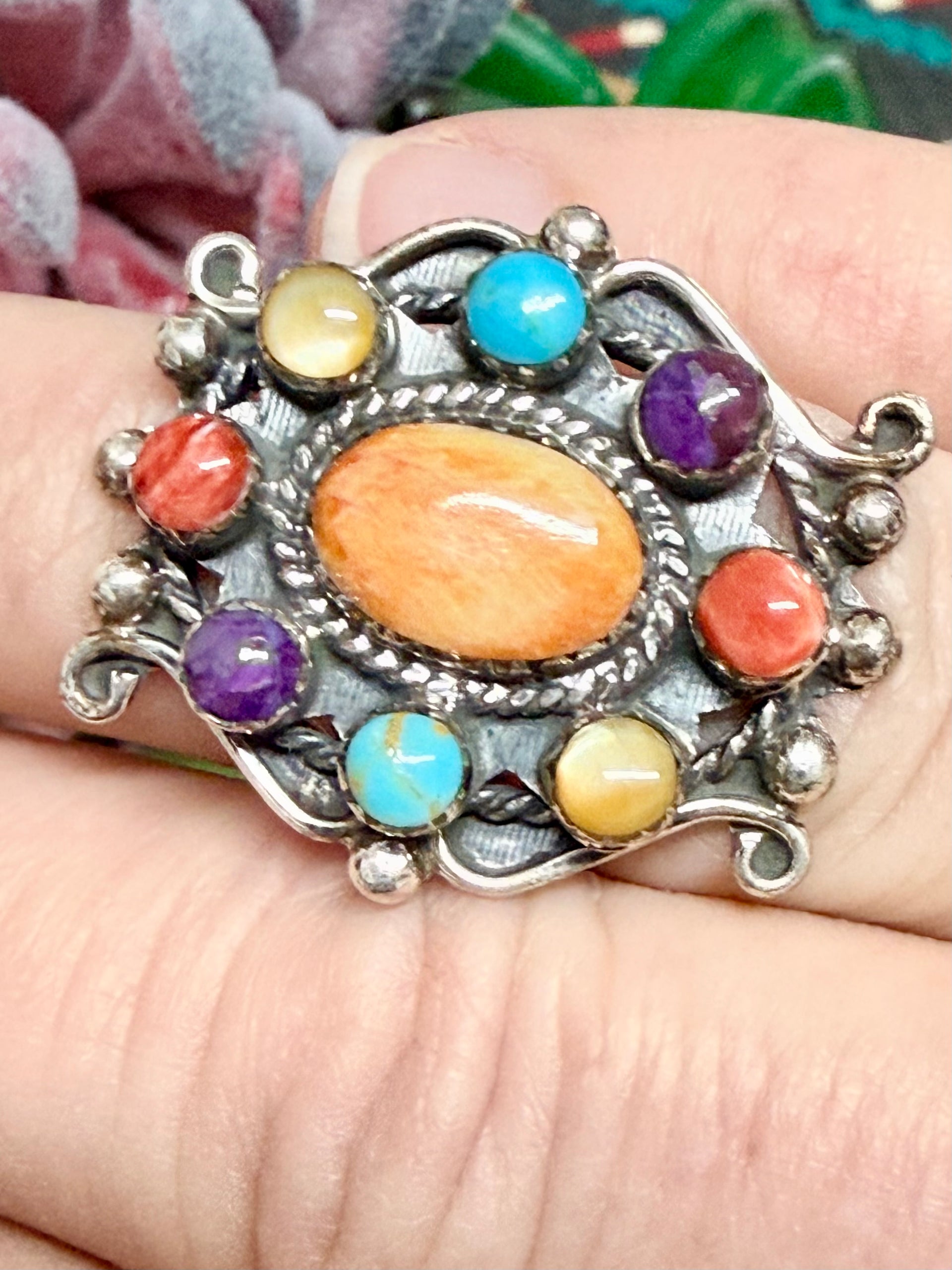 Southwest Handmade Multistone & Sterling Silver Ring Size 6.25