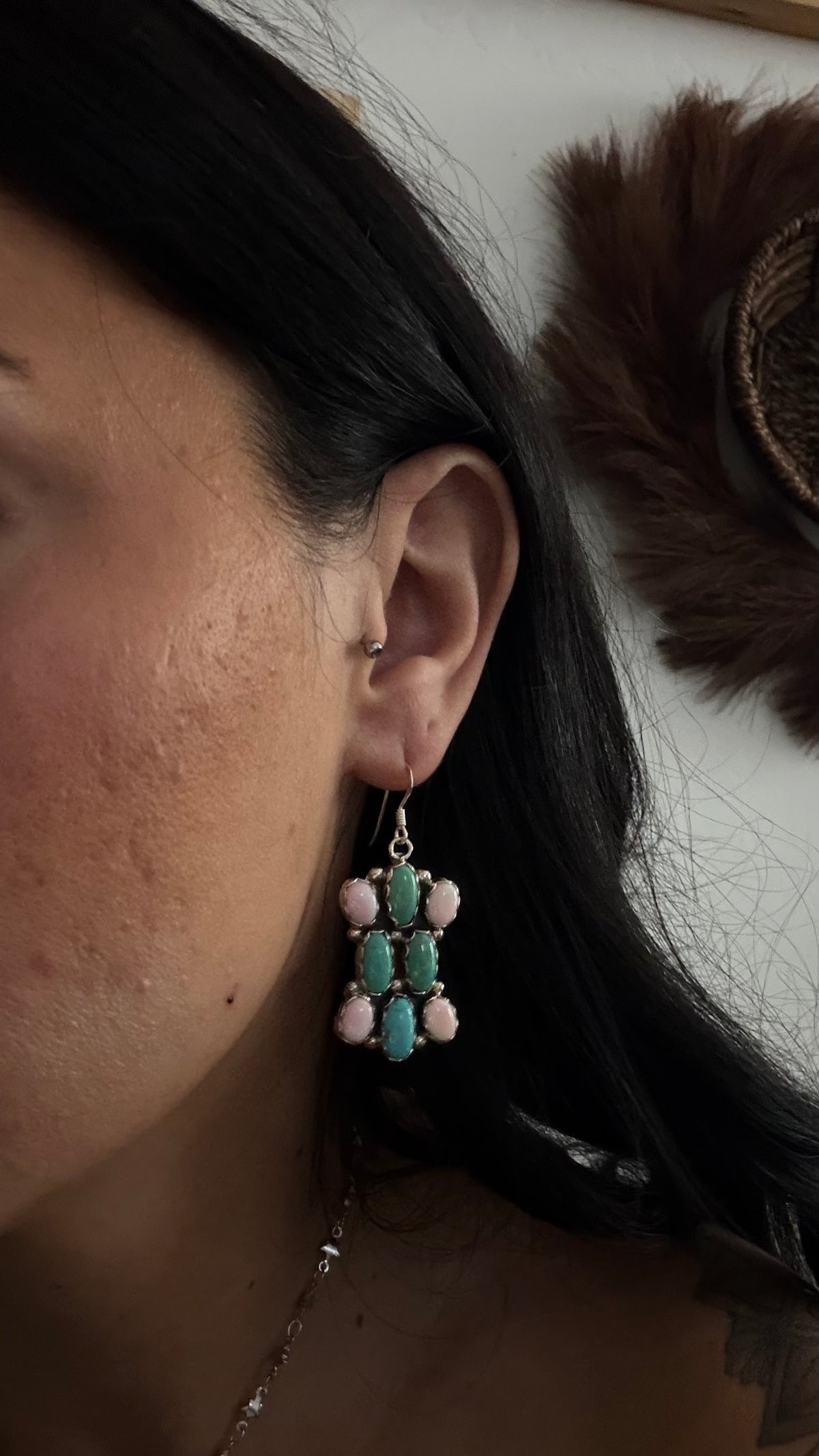 Julia Etsitty Multi Stone & Sterling Silver Dangle Cluster Earrings