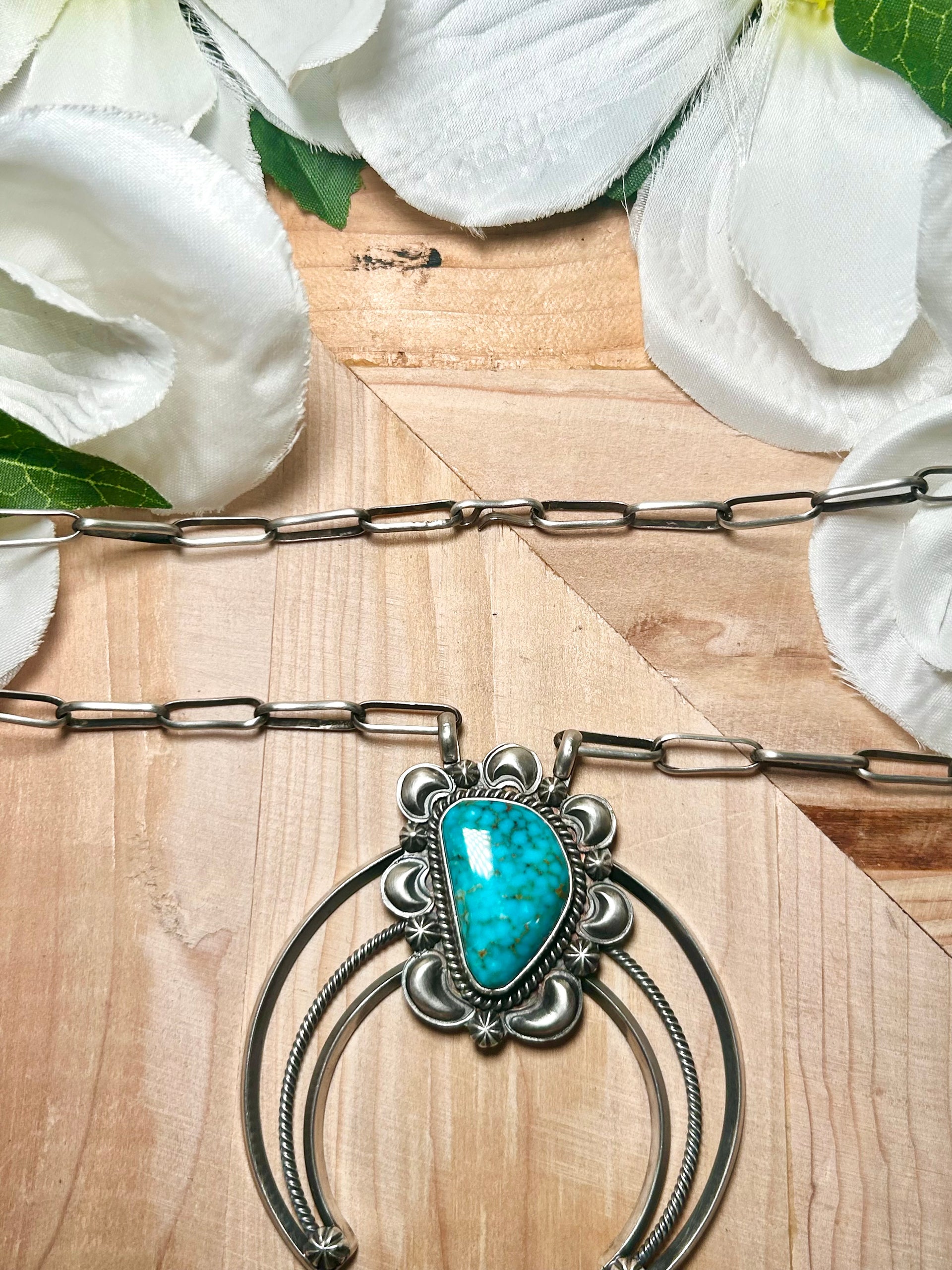 Navajo Made Natural Ithaka Peak Turquoise & Sterling Silver Necklace