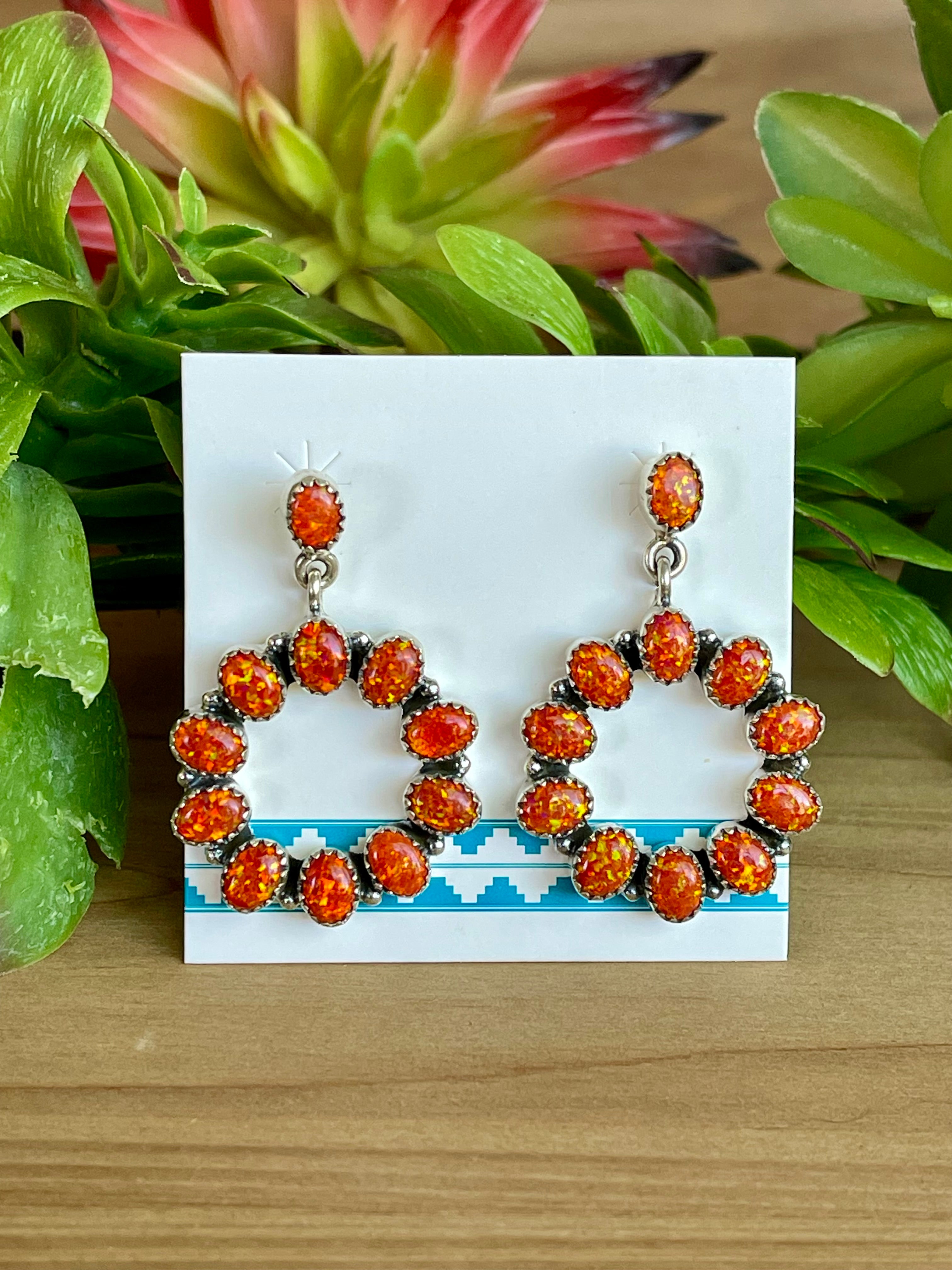 Southwest Handmade Orange Opal Post Circle Earrings