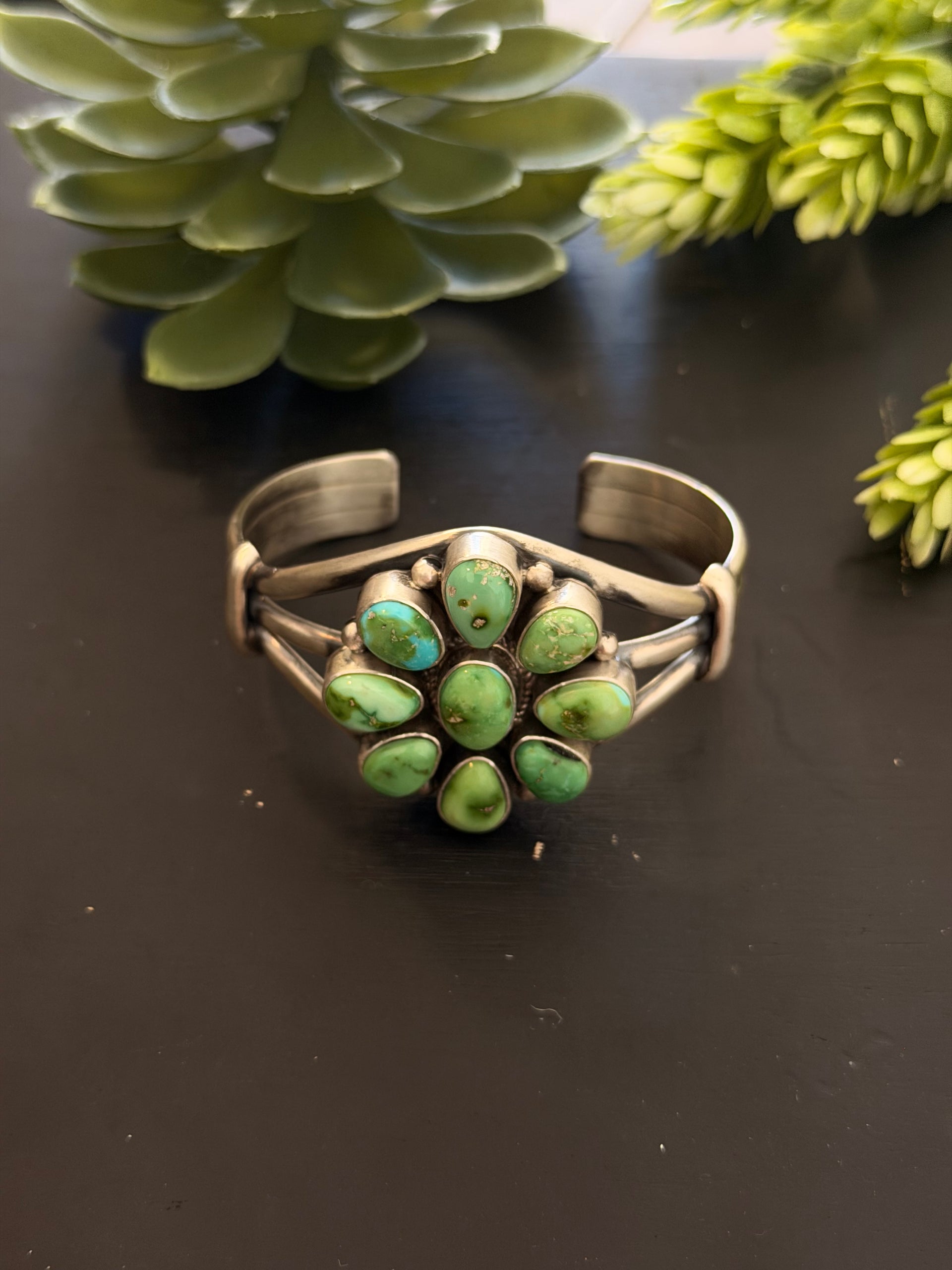 Navajo Made Sonoran Gold Turquoise & Sterling Silver Cluster Cuff Bracelet