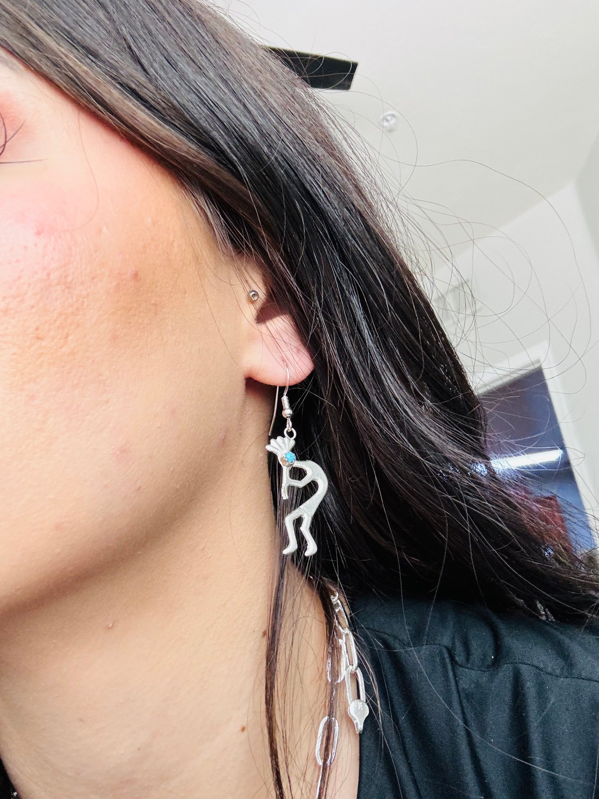 Navajo Made Kingman Turquoise & Sterling Silver Kokopelli Dangle Earrings