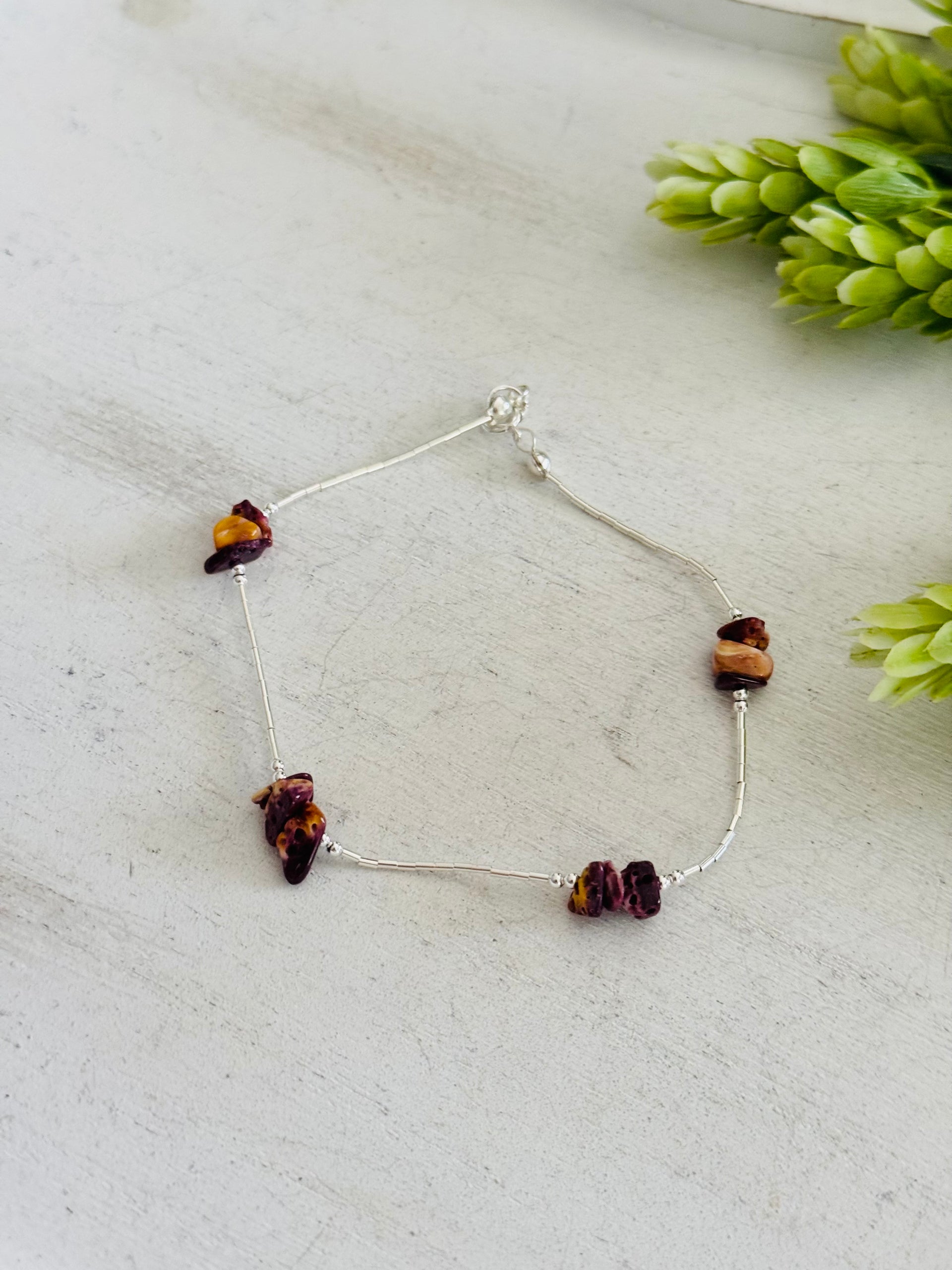 Southwest Strung Purple Spiny Oyster & Sterling Silver Beaded Anklet