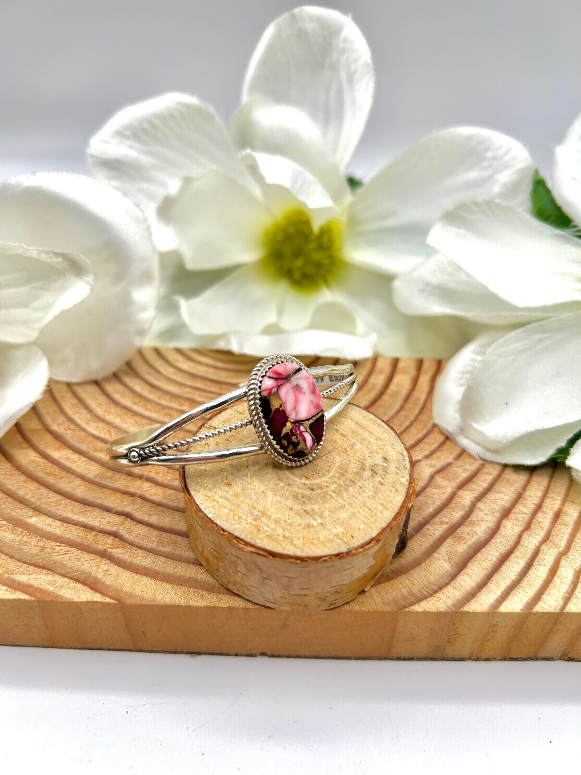 Larry Eticitty Rose Dahila & Sterling Silver Cuff Bracelet