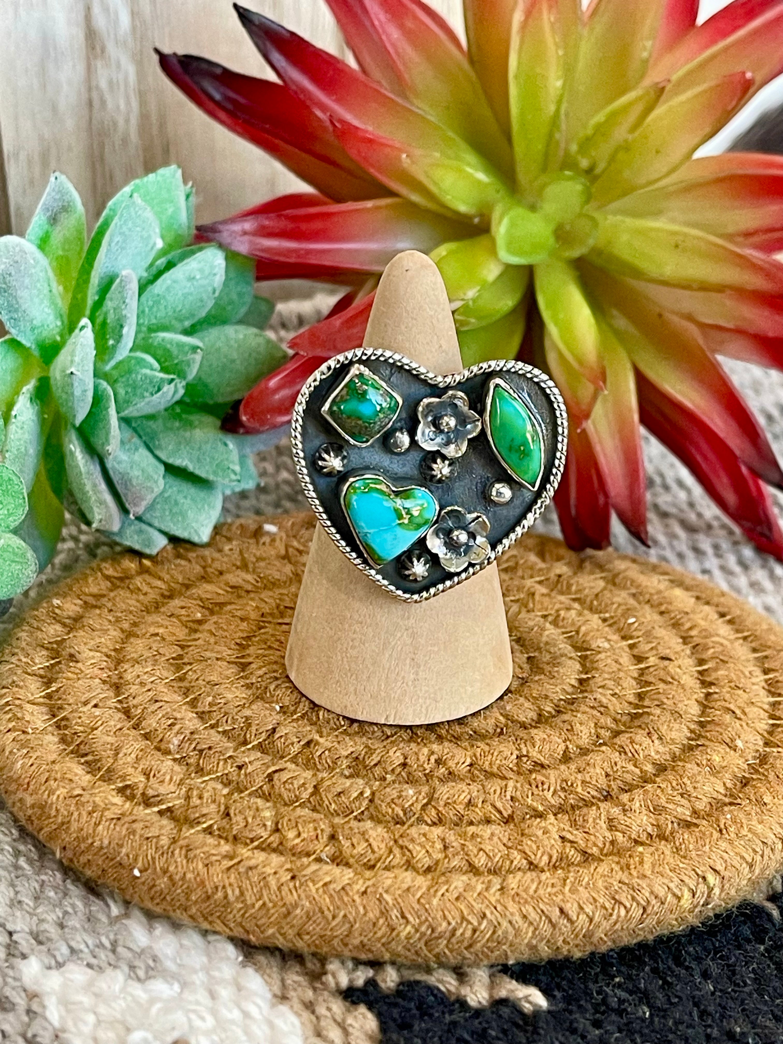 Southwest Handmade Sonoran Mountain Turquoise & Sterling Silver Adjustable Heart Ring