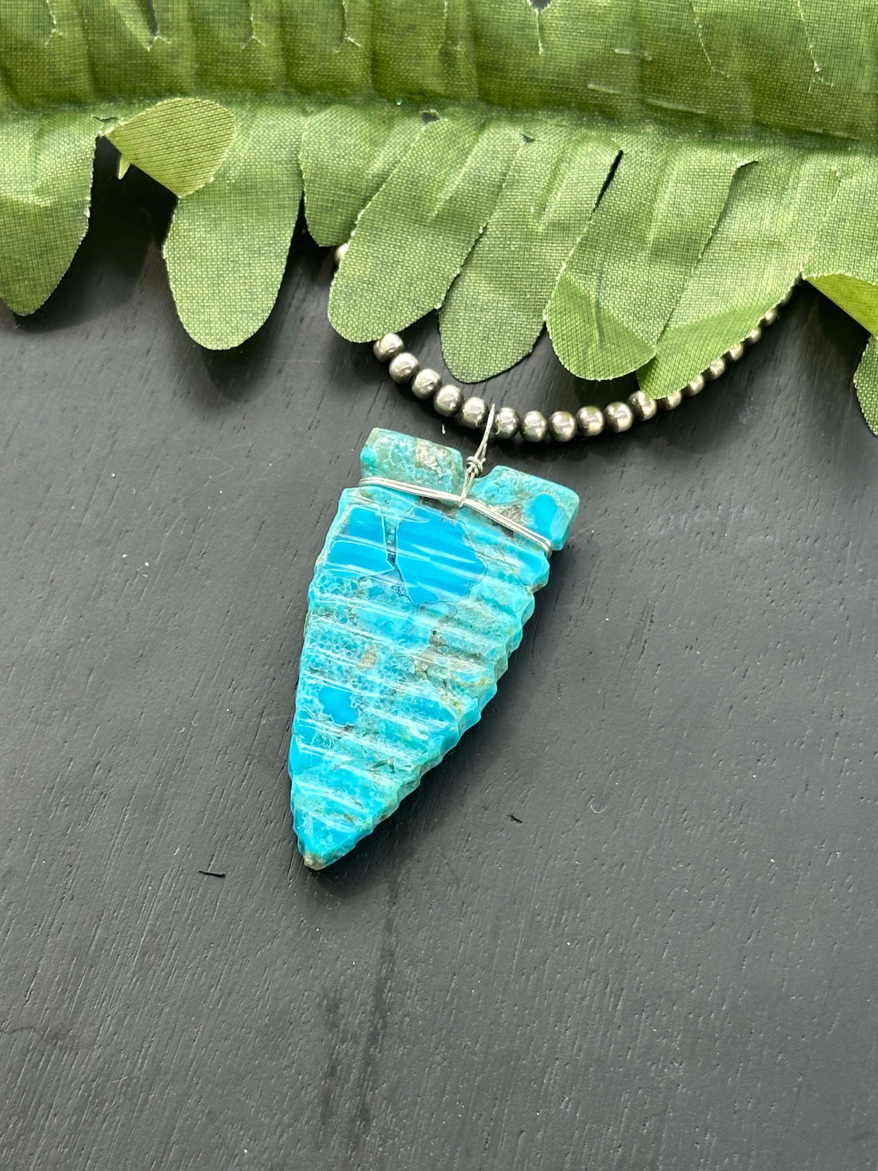 Navajo Handmade Kingman Turquoise Slab & Sterling Silver Arrow Pendant