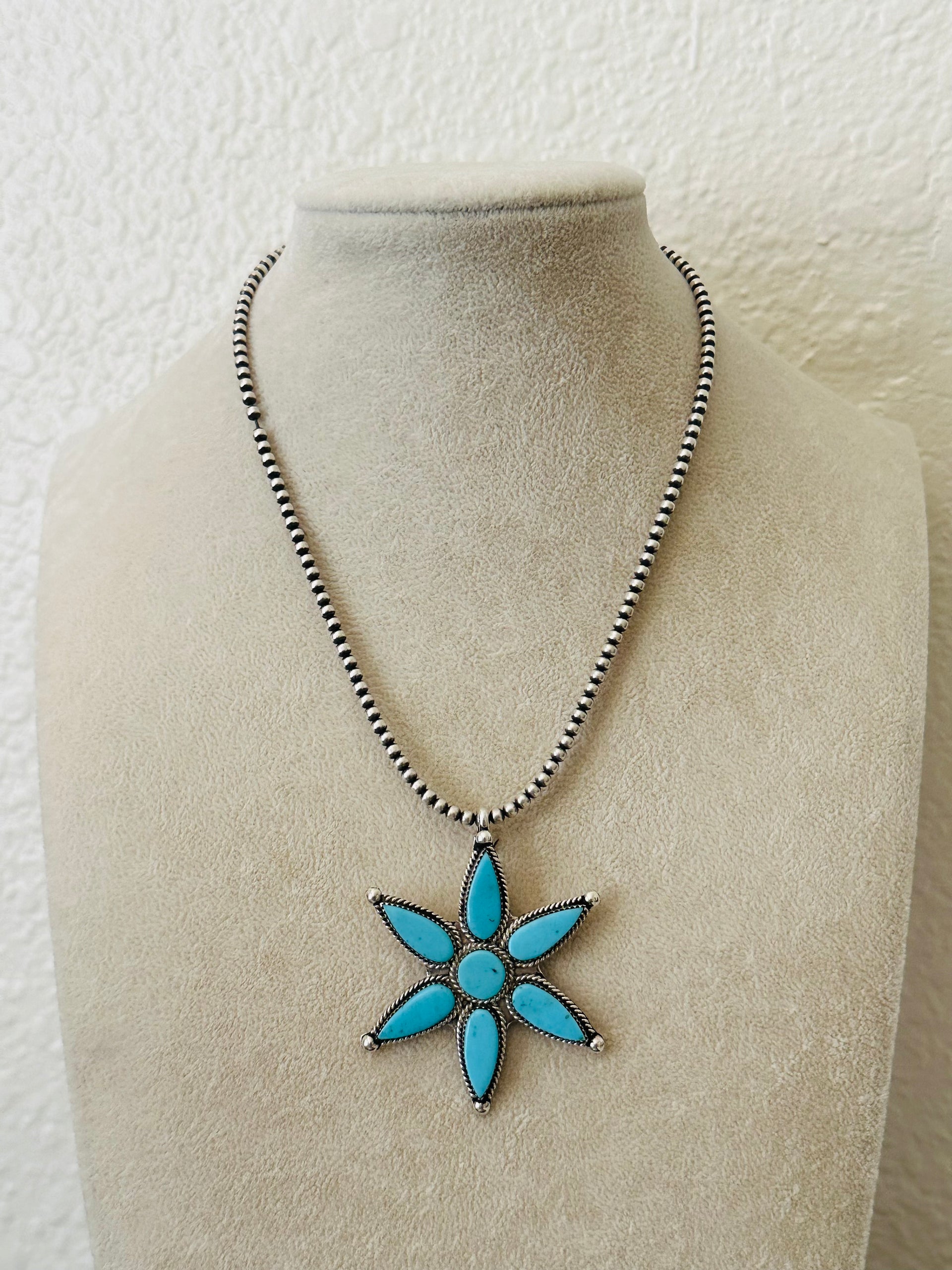 Zuni Handmade Kingman Turquoise & Sterling Silver Flower Pendant