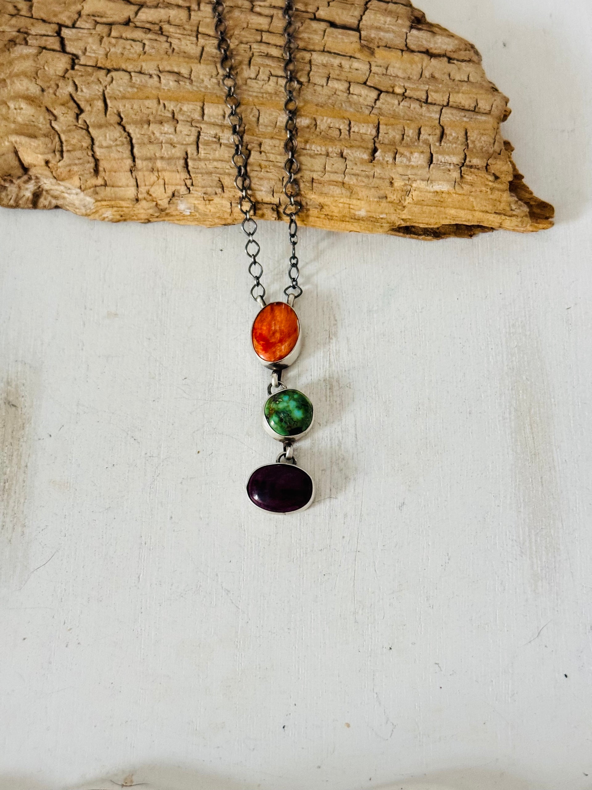 Antionette Martinez Multi Stone & Sterling Silver Lariat Necklace