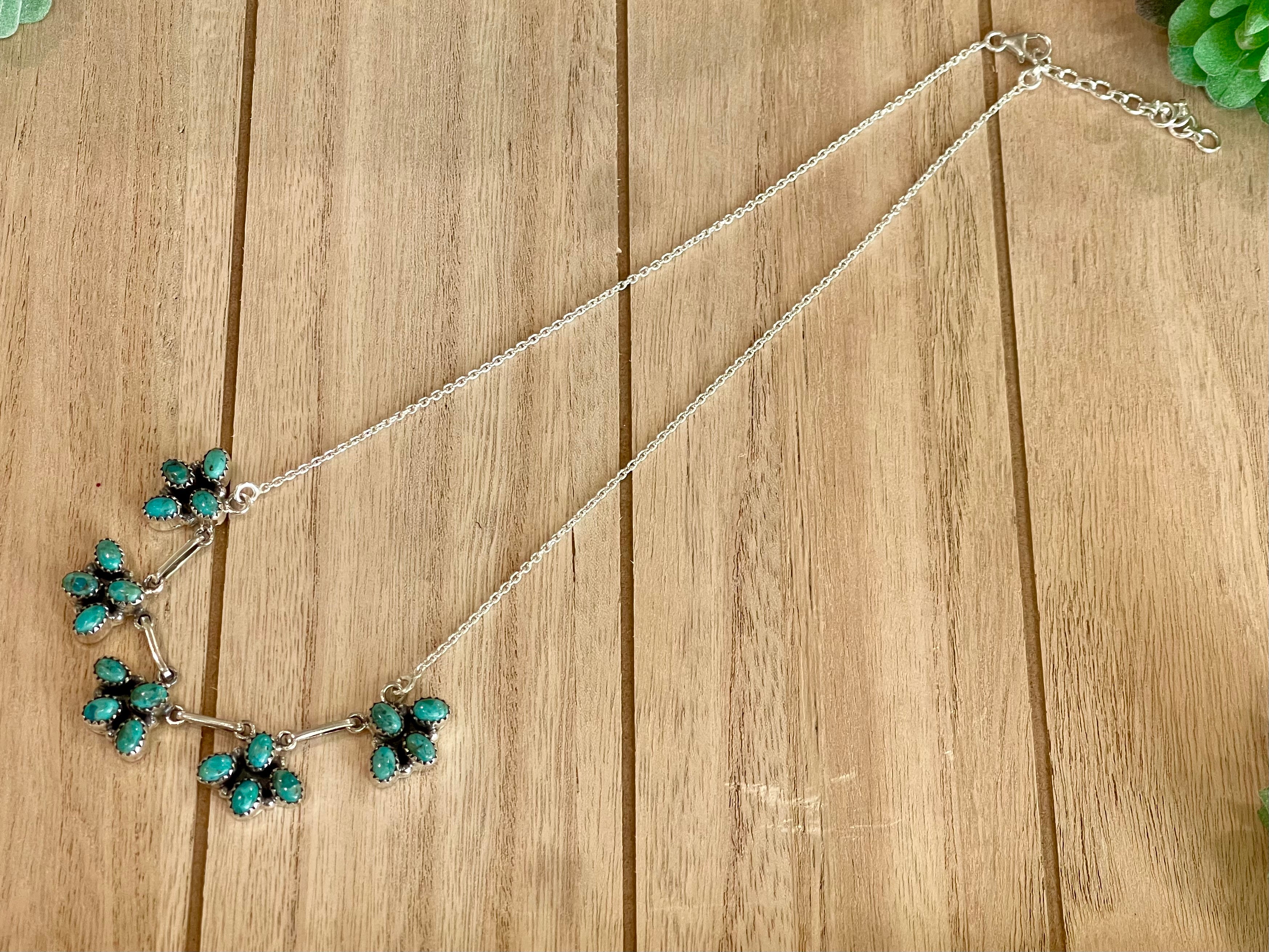 Southwest Handmade Kingman Turquoise & Sterling Silver Cluster  Necklace