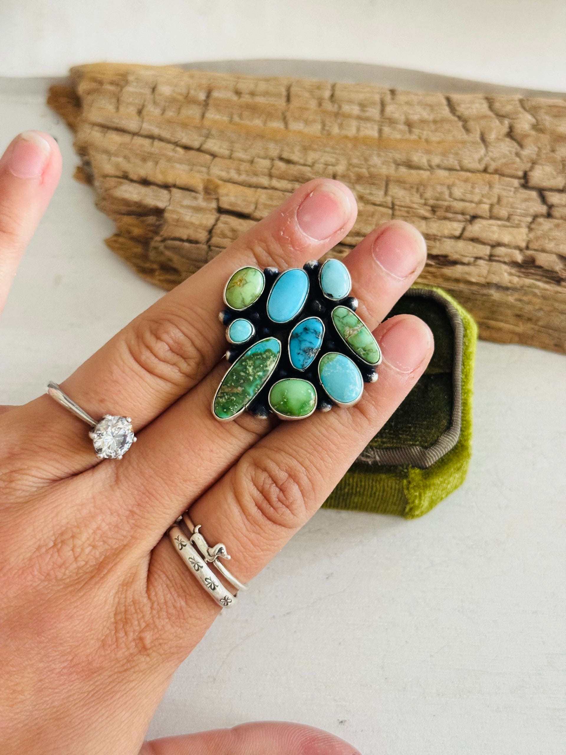 Navajo Made Multi Turquoise & Sterling Silver Ring Size 8