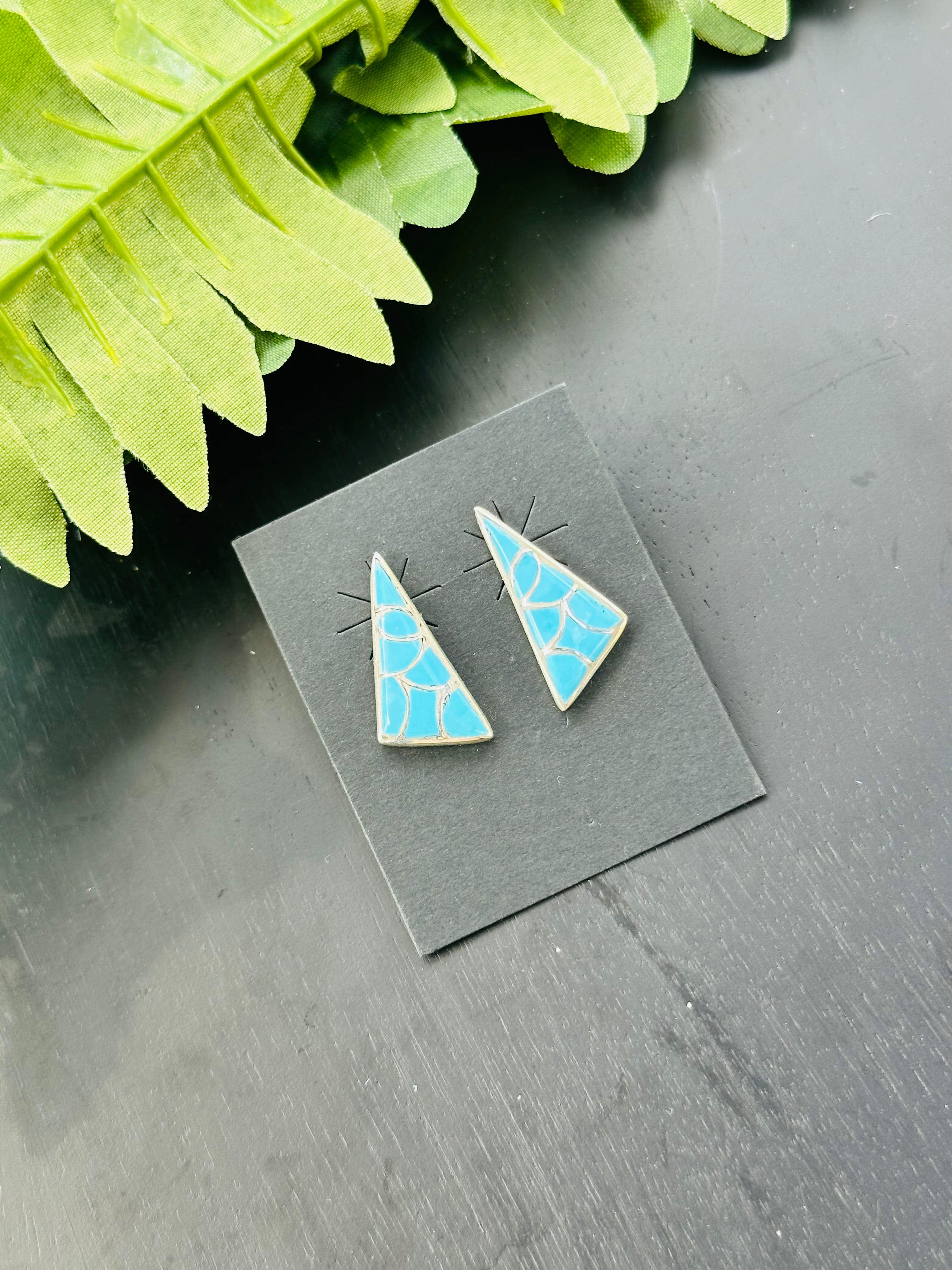 Zuni Handmade Kingman Turquoise & Sterling Silver Post Inlay Earrings