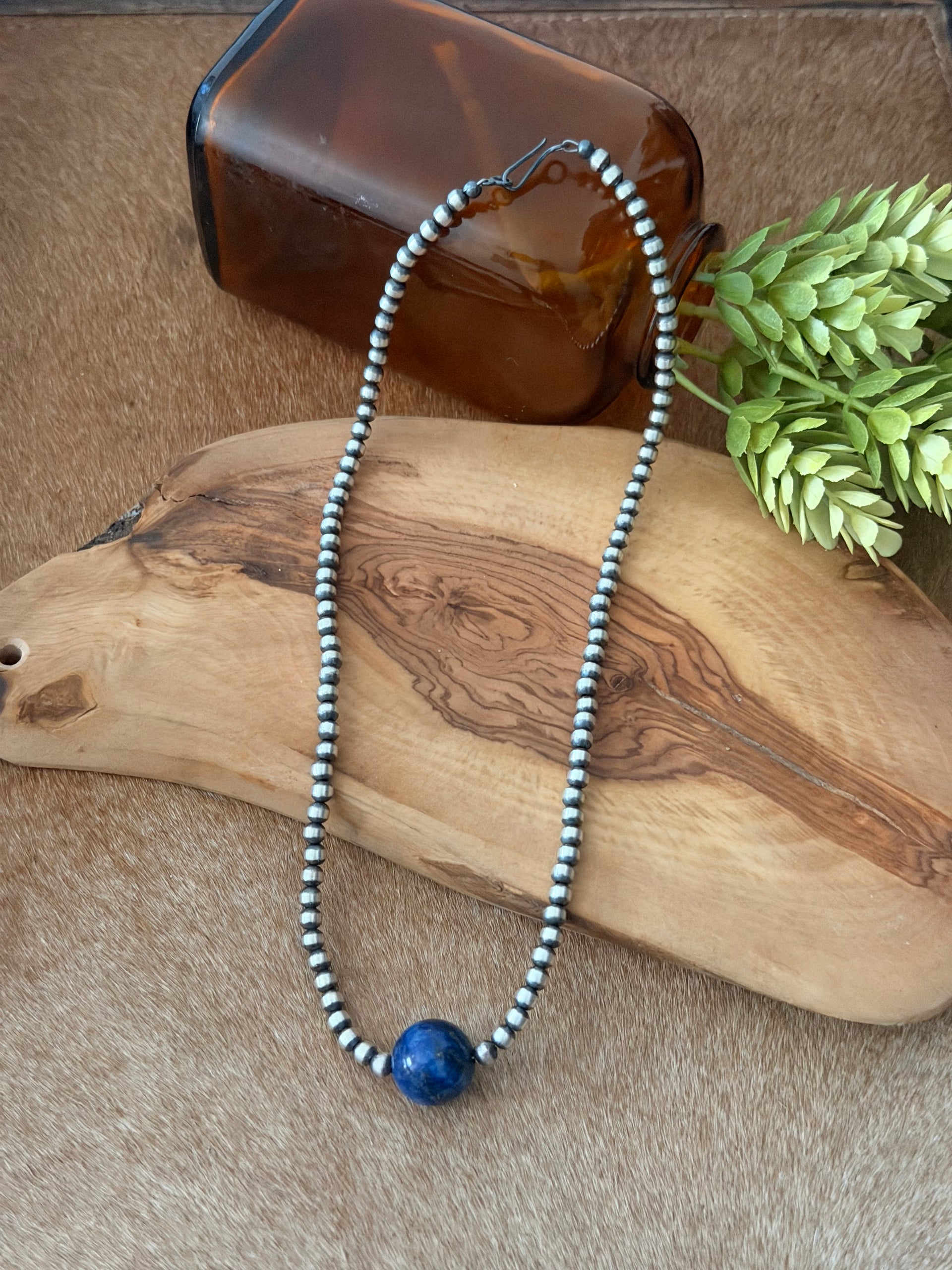 Navajo Strung Lapis & Sterling Silver 18” Pearls Beaded Necklace