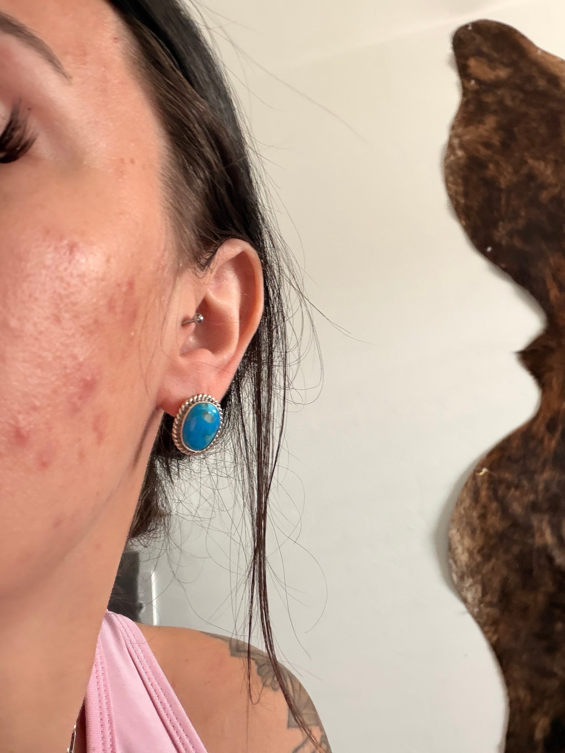 Navajo Made Kingman Turquoise & Sterling Silver Post Earrings