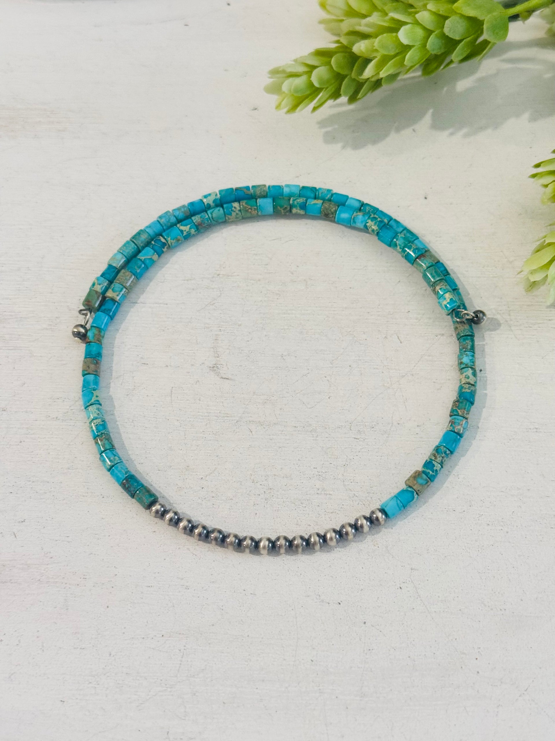 Southwest Handmade Mohave  Turquoise & Sterling Silver Adjustable Beaded Choker Necklace