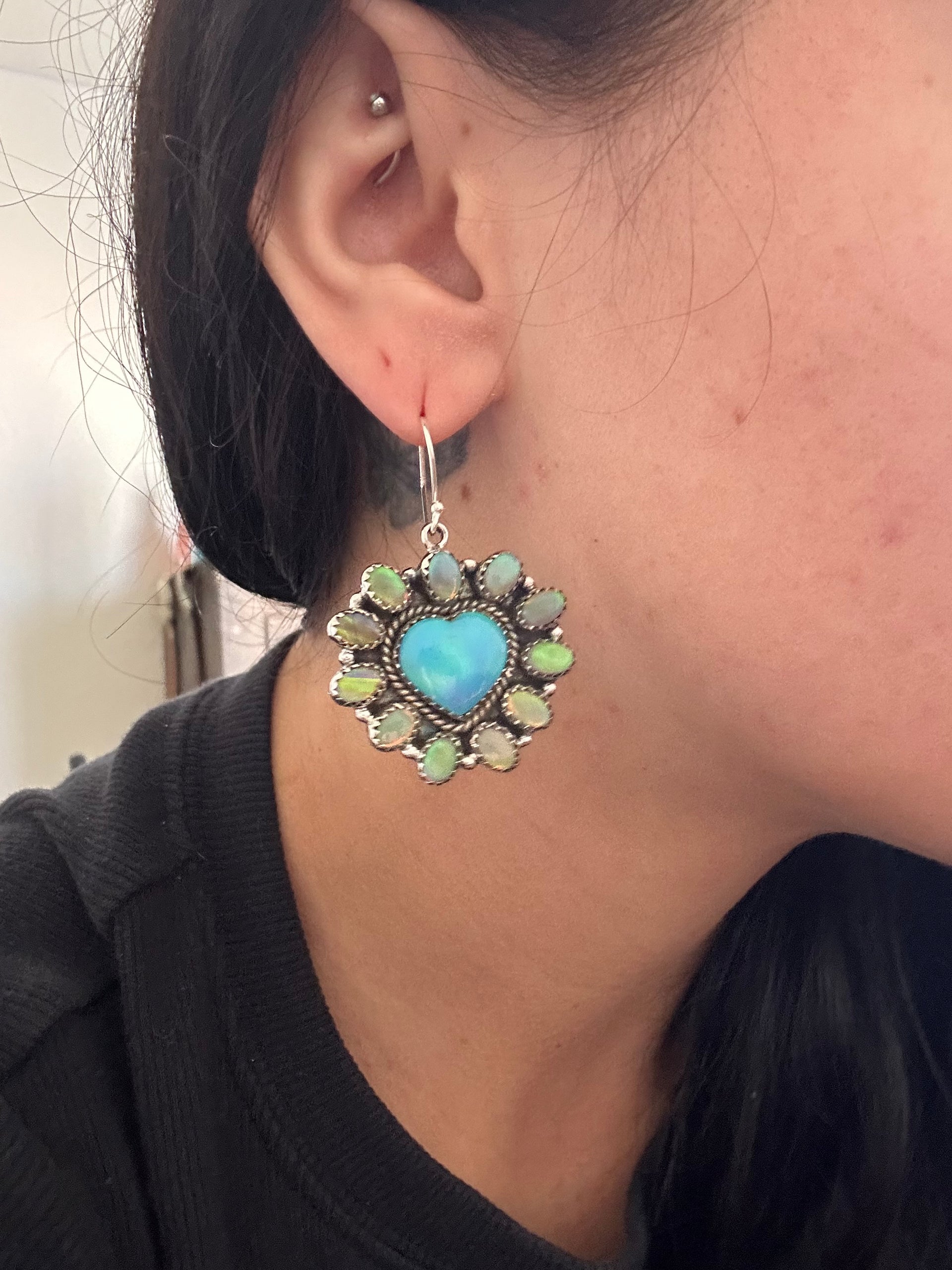 Southwest Handmade Opal & Sterling Silver Dangle Cluster Heart Earrings