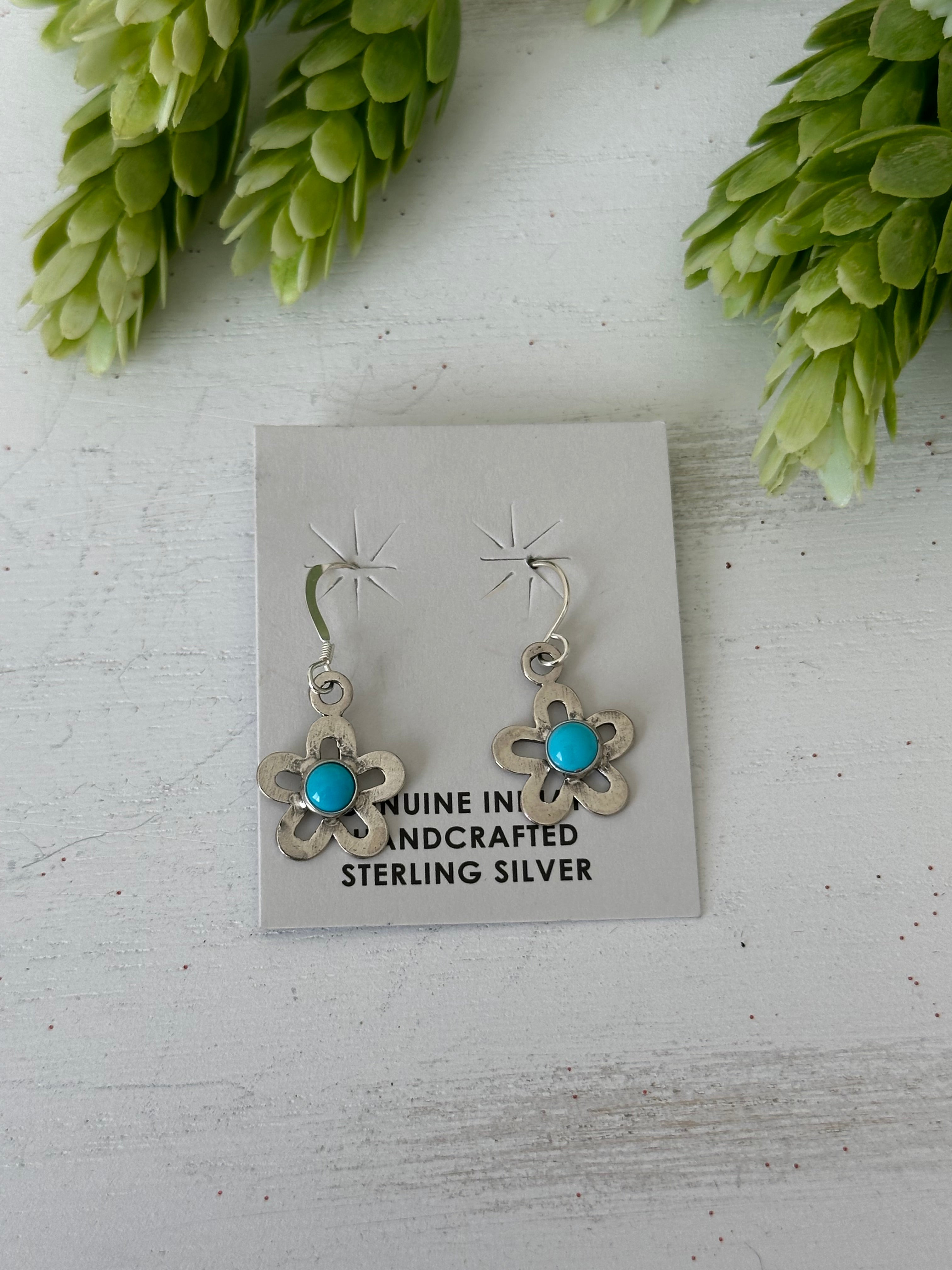 Harold Joe Turquoise & Sterling Silver Flower Dangle Earrings