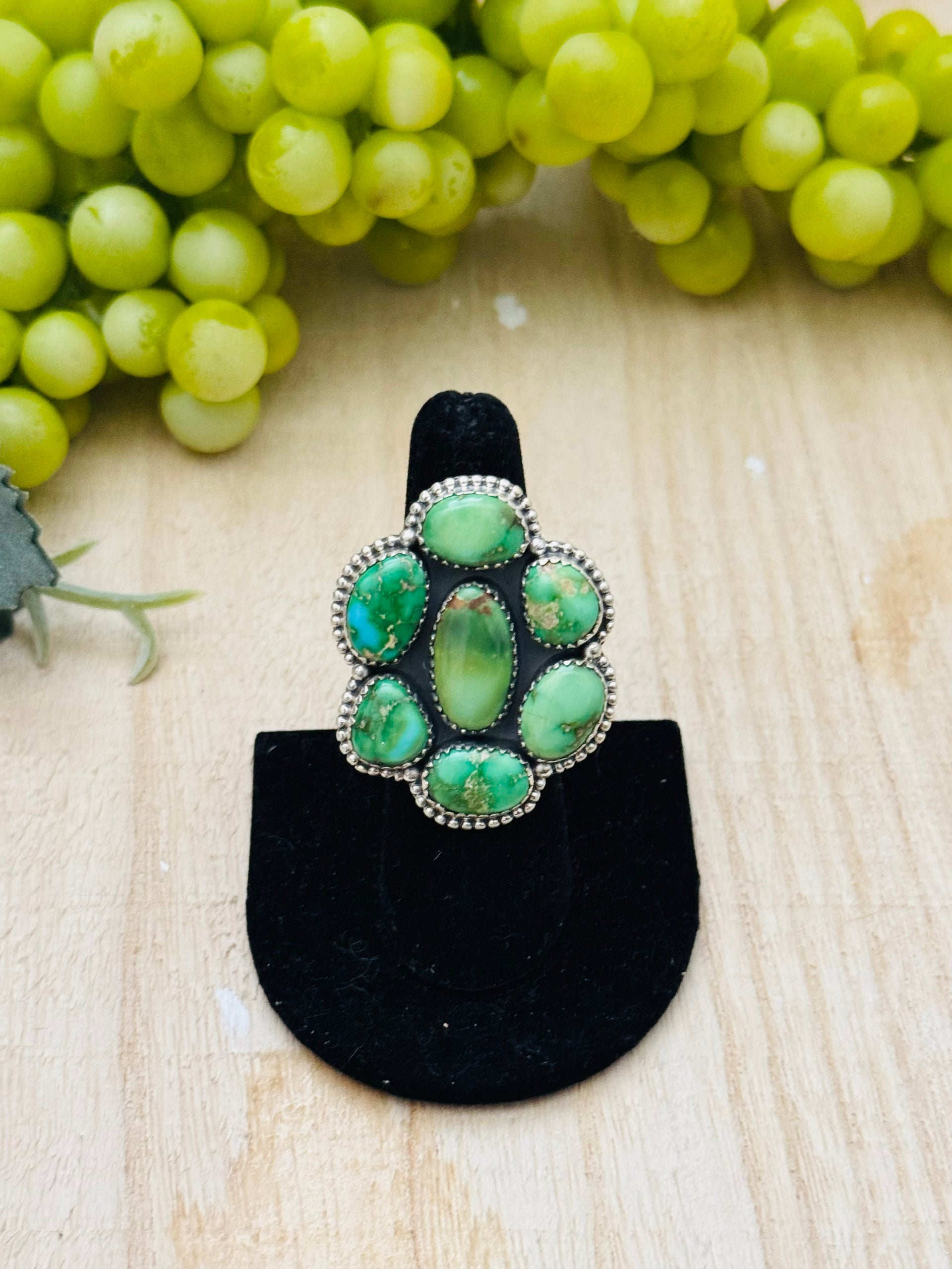 Southwest Handmade Sonoran Gold Turquoise & Sterling Silver Adjustable Cluster Ring