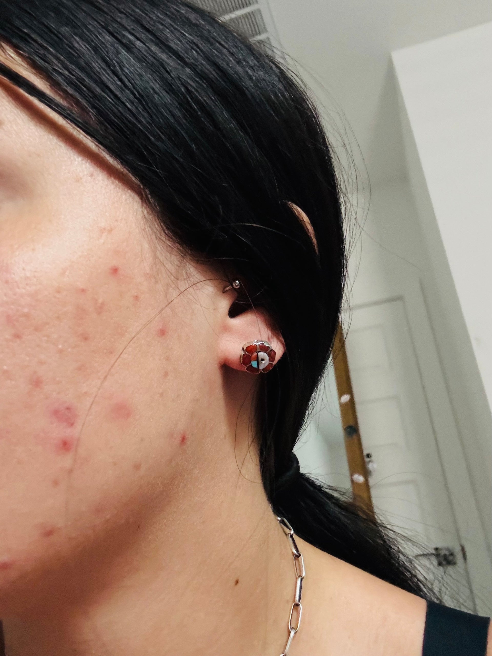 Zuni Made Multi Stone & Sterling Silver Inlay Sunface Post Earrings