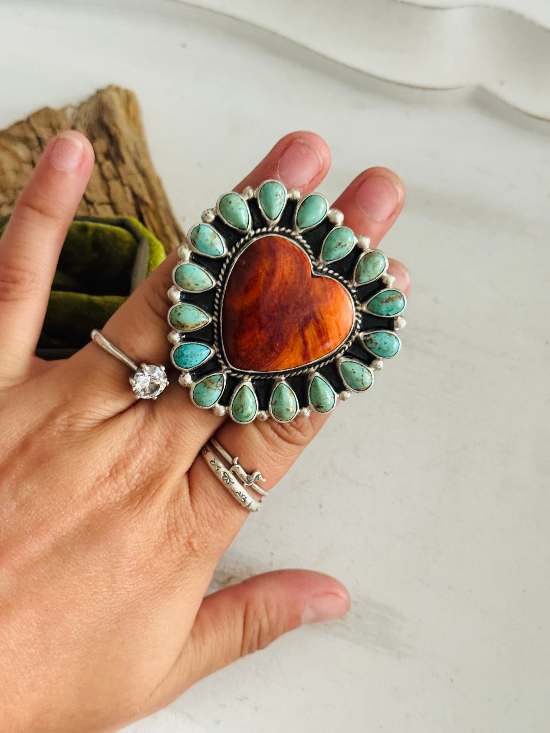 Navajo Made Multi Stone & Sterling Silver Adjustable Heart Cluster Ring