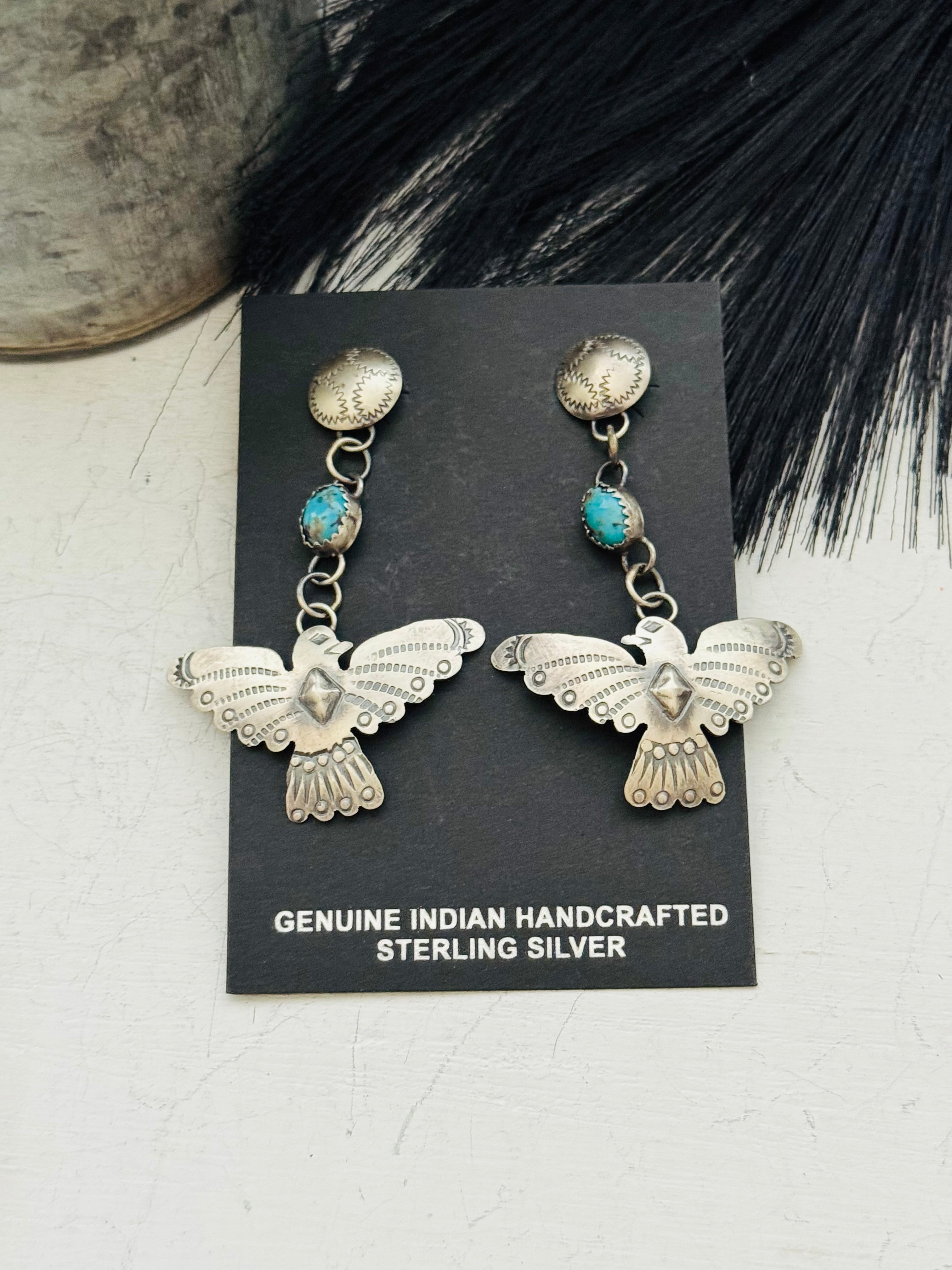 Tim Yazzie Kingman Turquoise & Sterling Silver Post Dangle Thunderbird Earrings