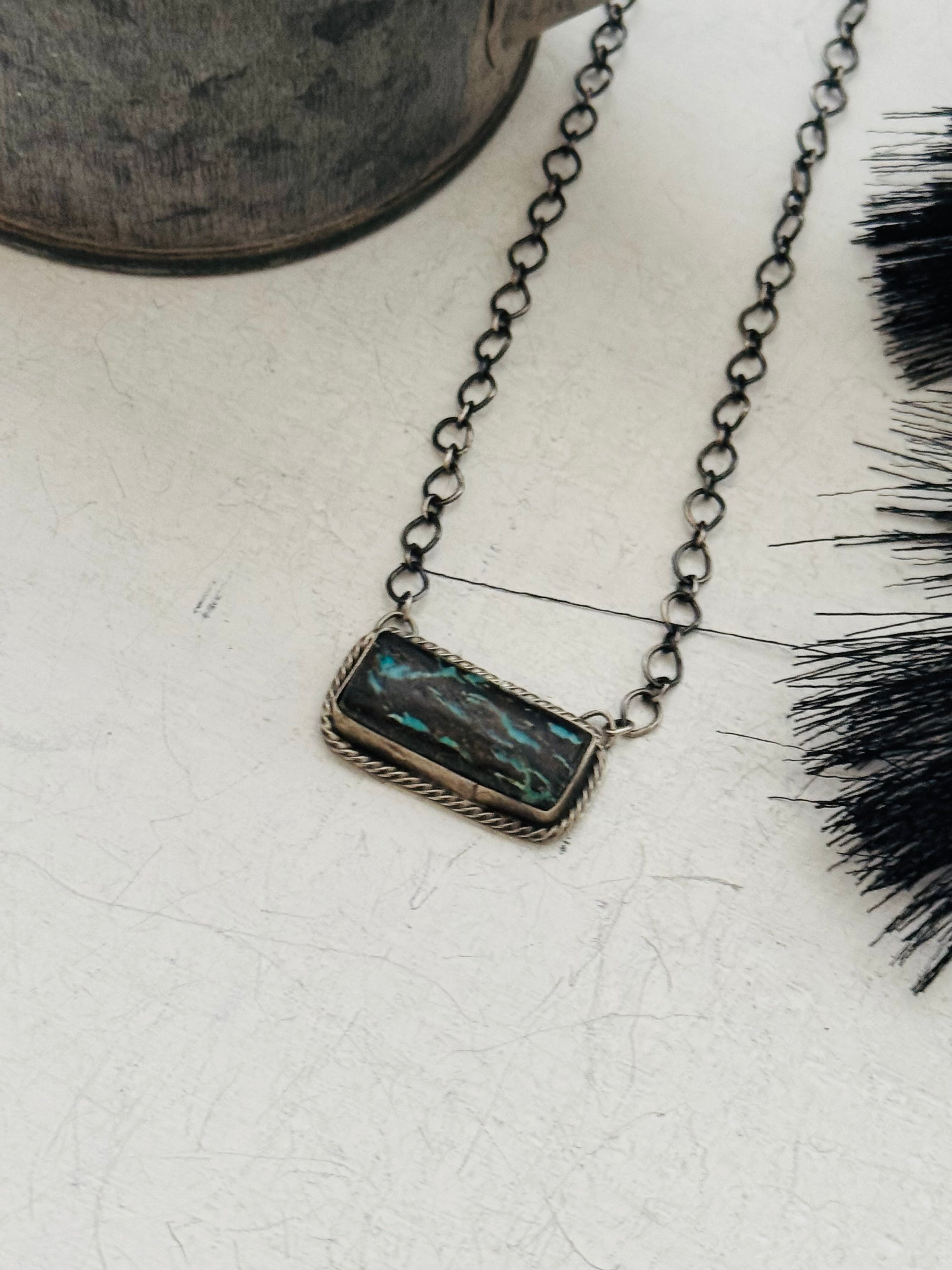 Navajo Made Blue Moon & Sterling Silver Bar Necklace