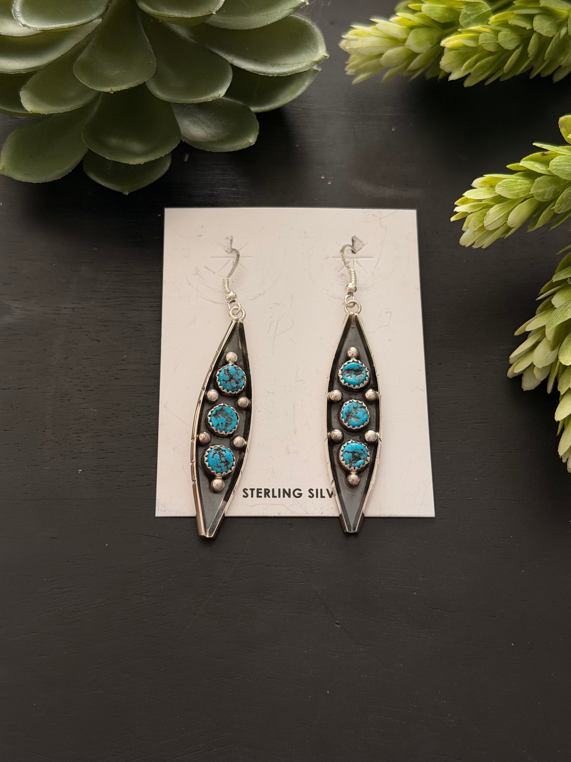 Navajo Made Kingman Turquoise & Sterling Silver Dangle Earrings