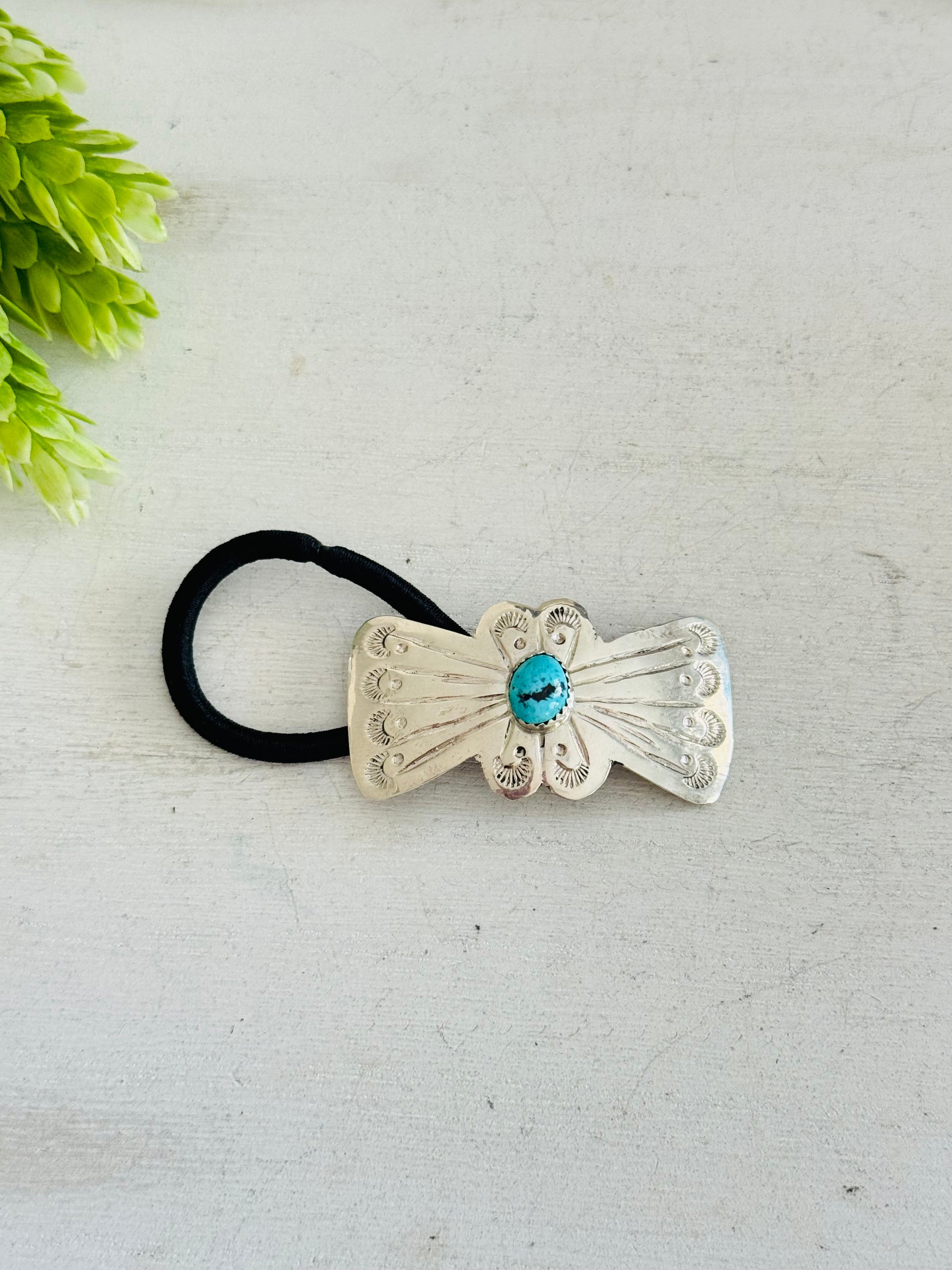 Navajo Made Kingman Turquoise & Sterling Silver Concho Ponytail Holder