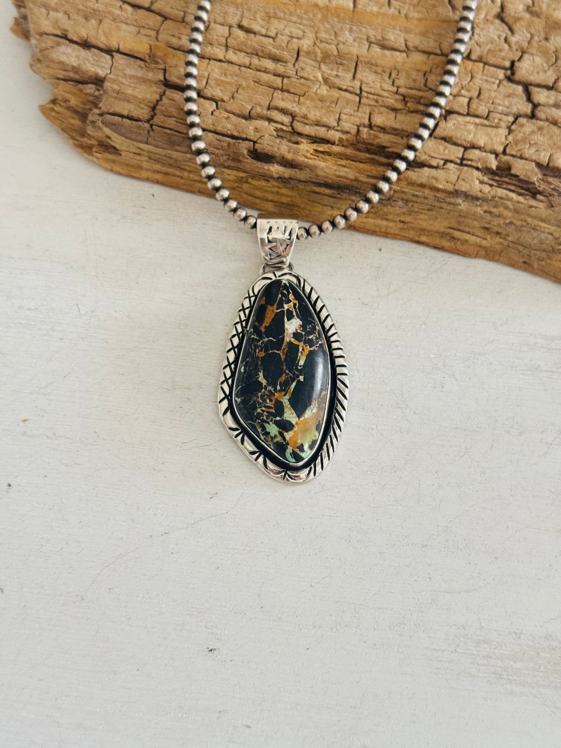Navajo Made Black Jack Turquoise & Sterling Silver Pendant