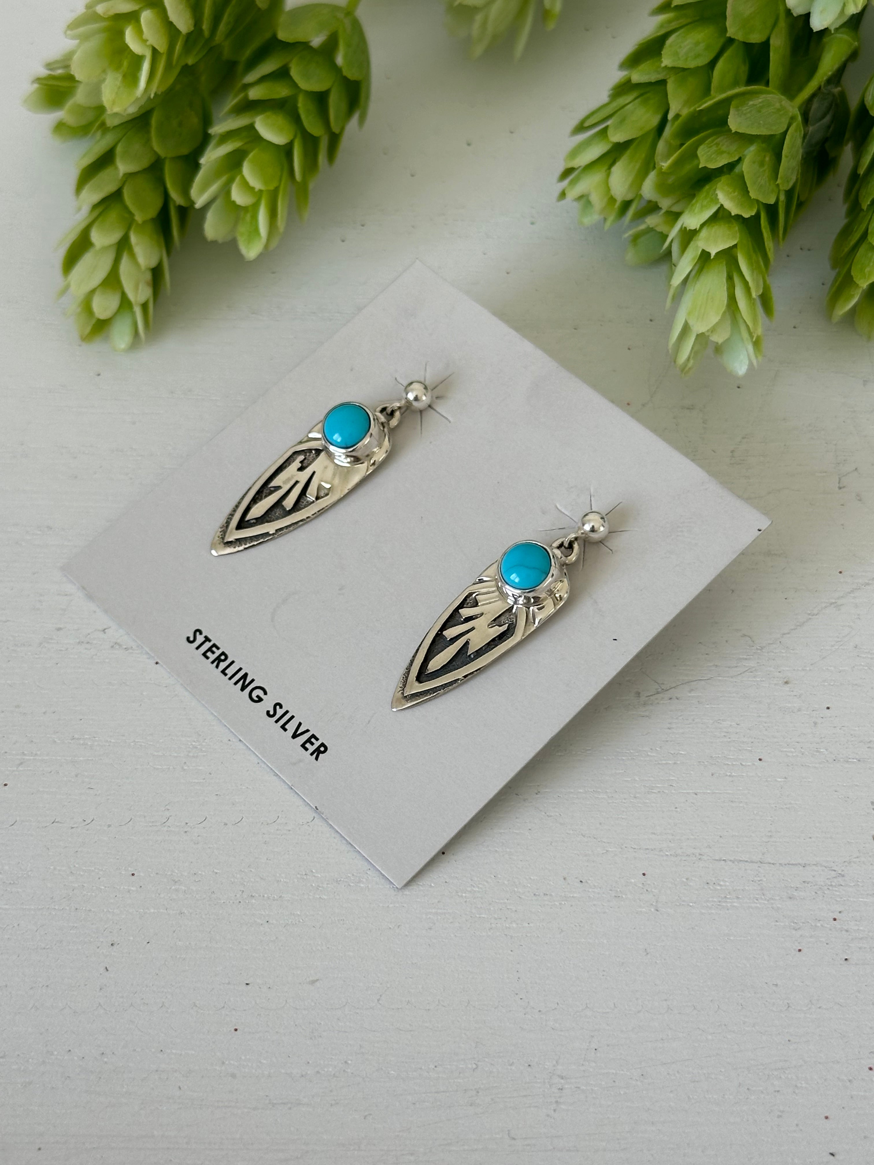 Navajo Made Sleeping Beauty Turquoise & Sterling Silver Post Dangle Earrings
