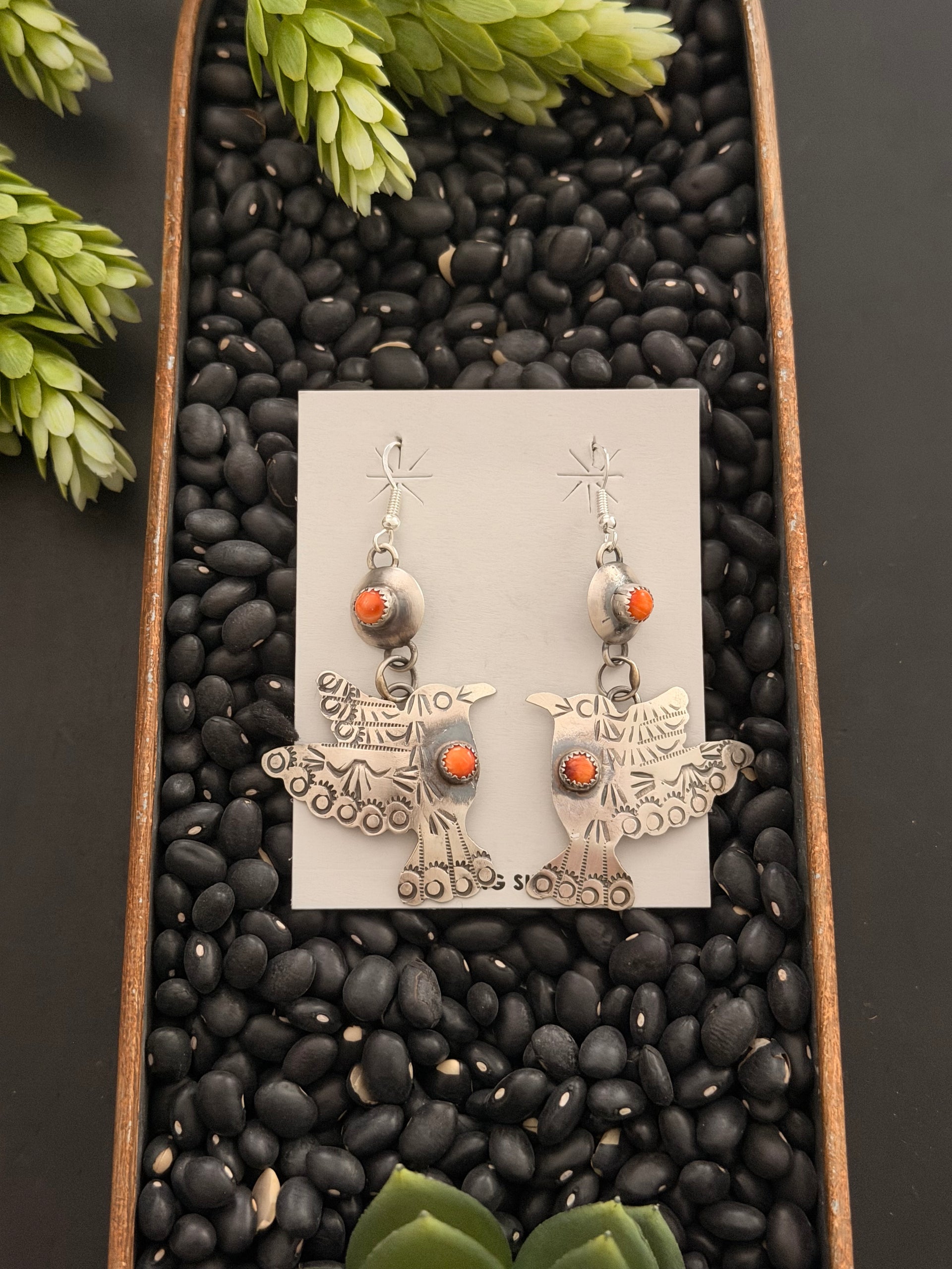 Gabriella Yazzie Spiny Oyster & Sterling Silver Hummingbird Dangle Earrings
