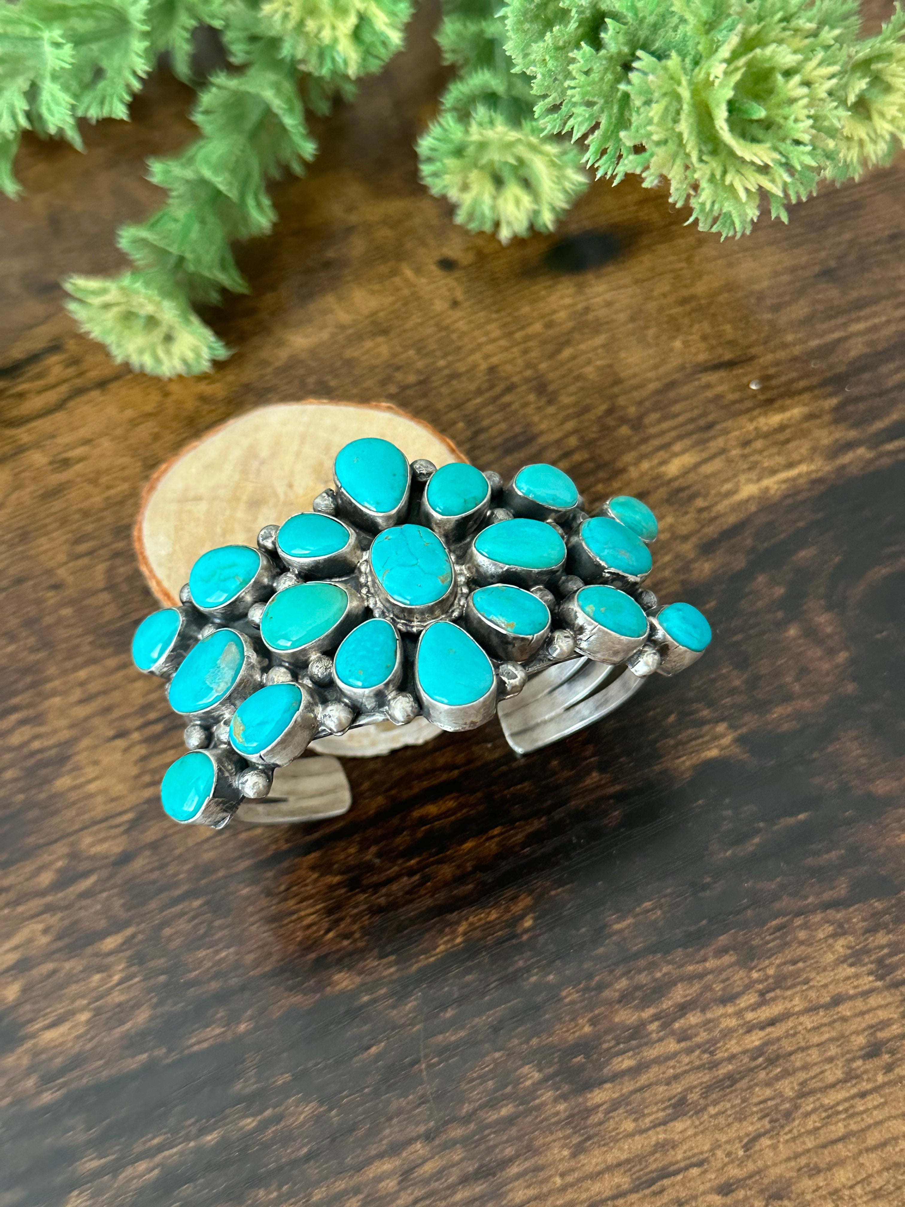 Bobby Johnson Kingman Turquoise & Sterling Silver Cluster Cuff Bracelet