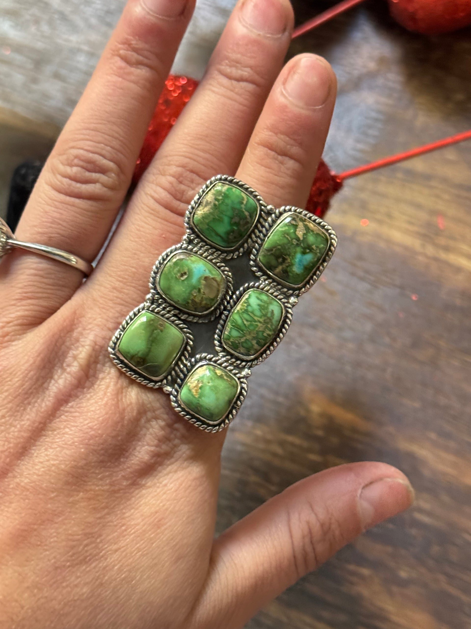 Southwest Handmade Sonoran Gold Turquoise & Sterling Silver Adjustable Cluster Ring