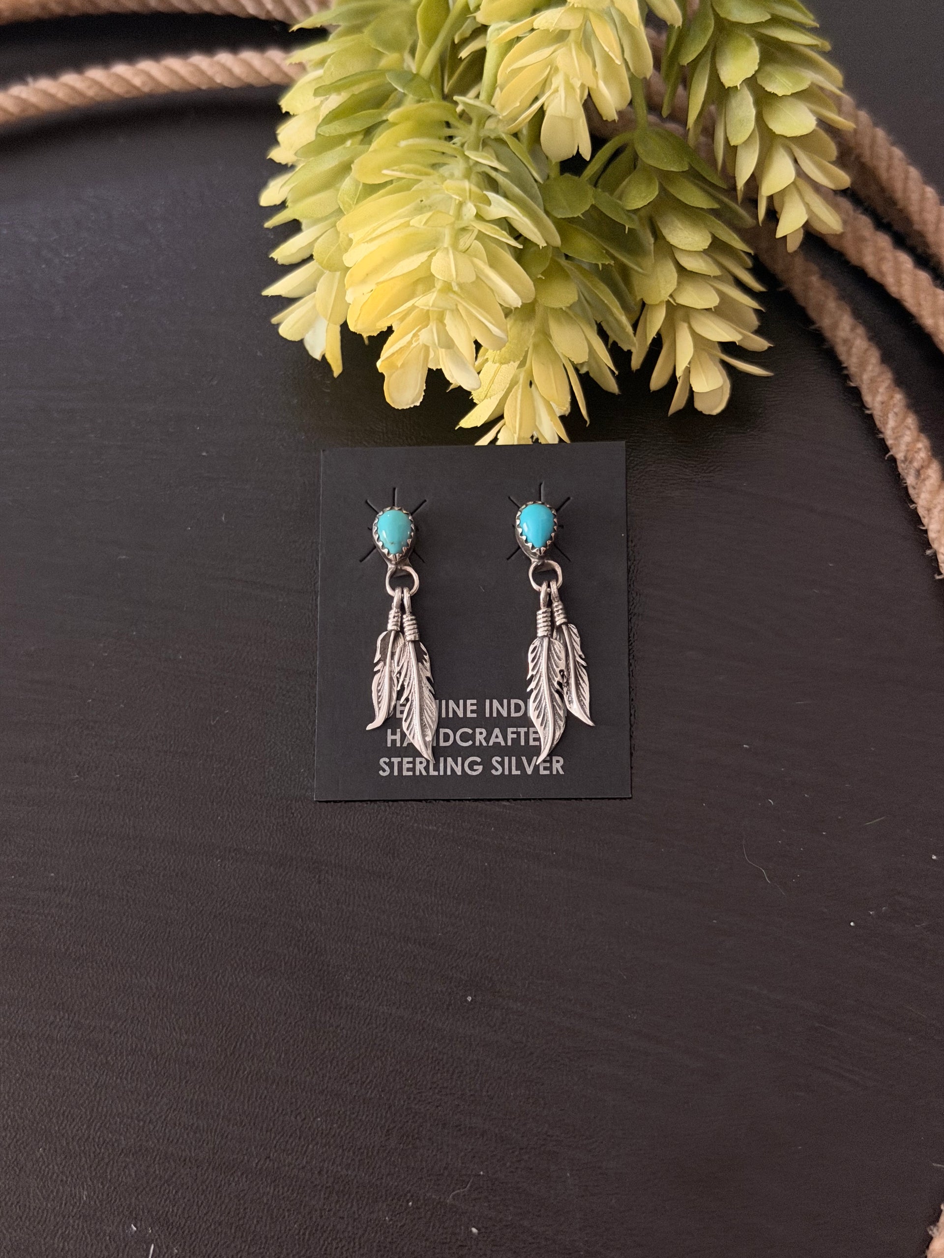 Adelarae Yazzie Kingman Turquoise & Sterling Silver Post Dangle Feather Earrings
