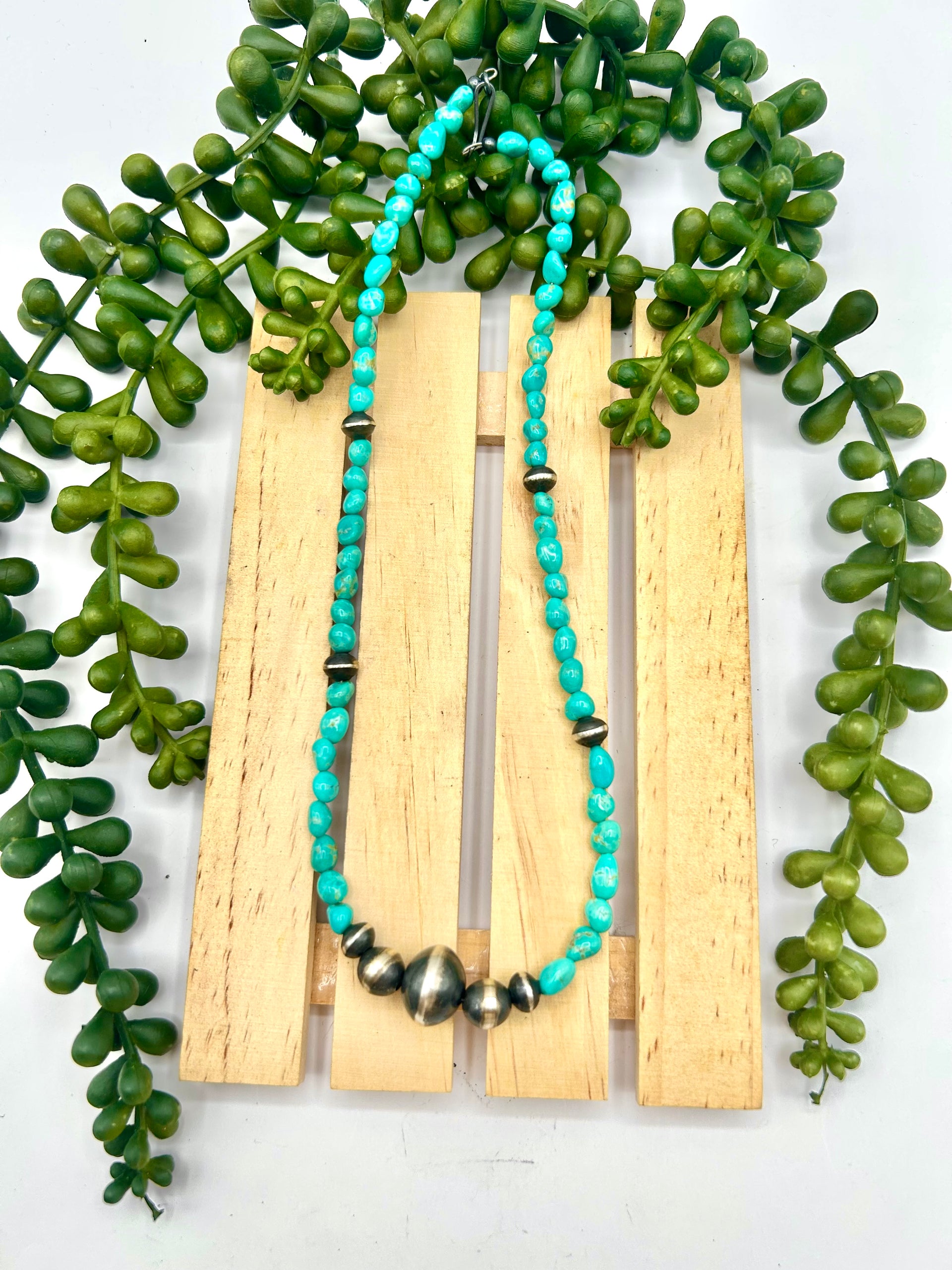 Navajo Made Strung Kingman Turquoise & Sterling Silver Necklace