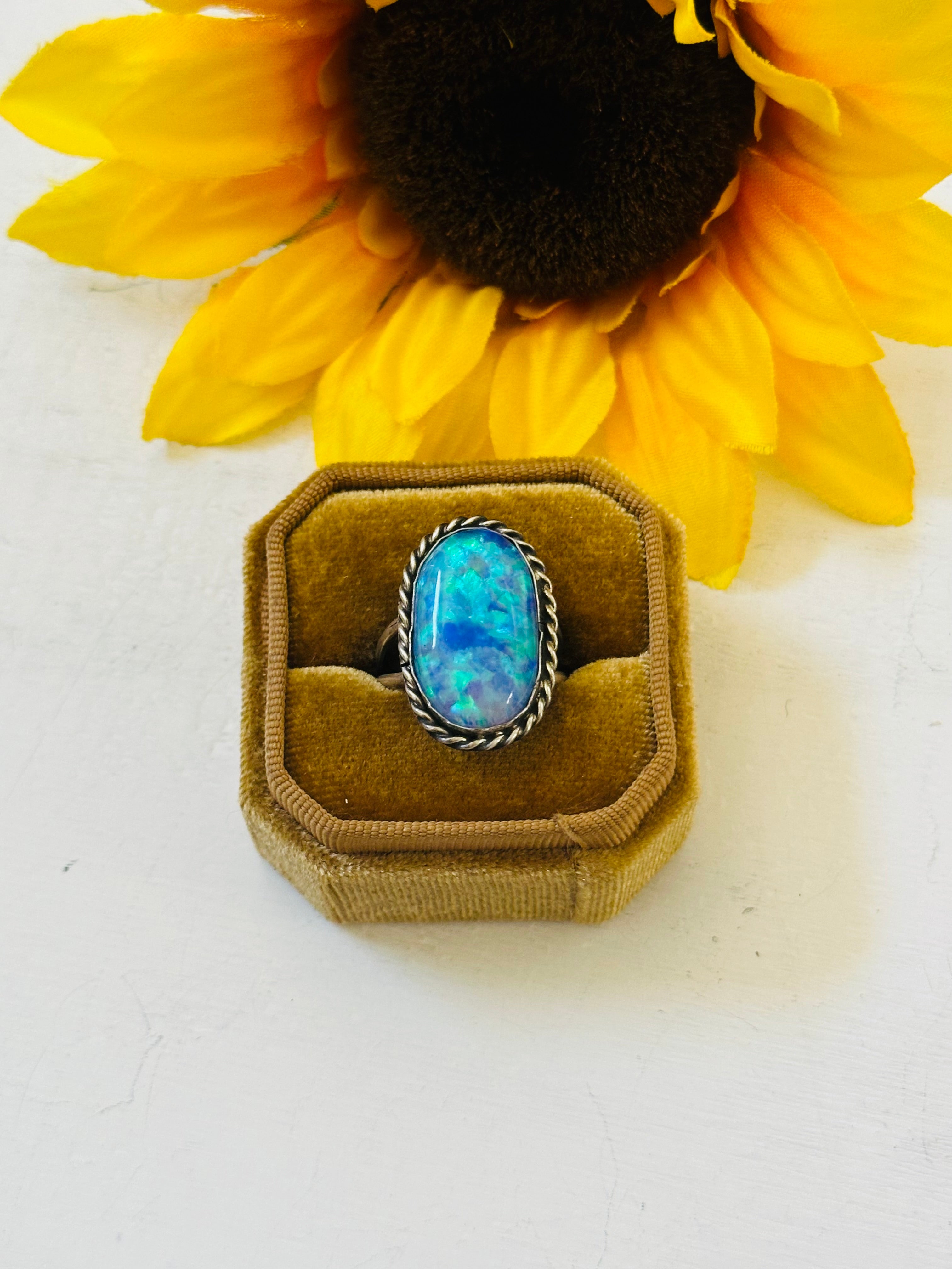 Navajo Made Blue Opal & Sterling Silver Ring Size 6.5