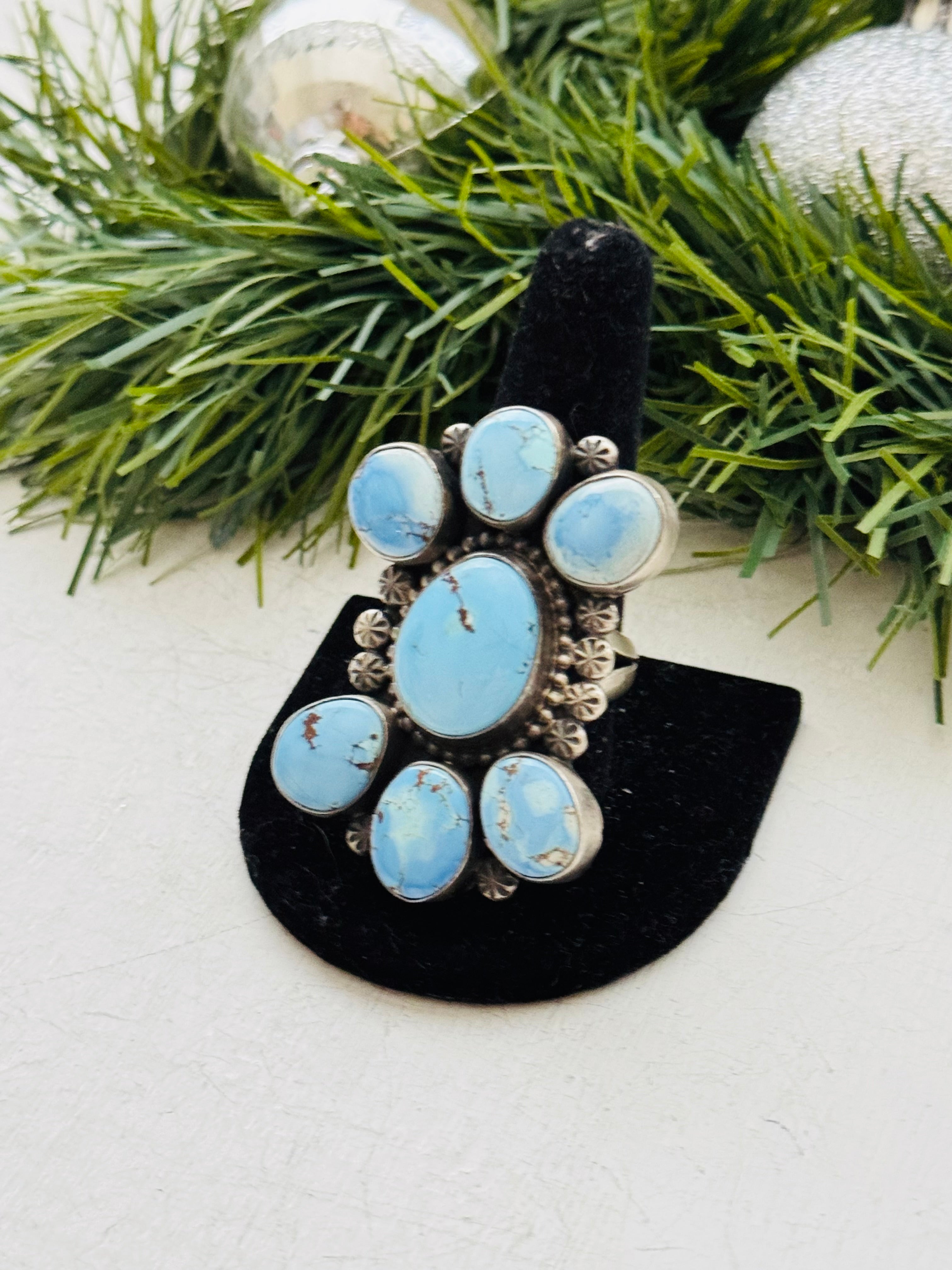 Navajo Made Golden Hills Turquoise & Sterling Silver Cluster Ring Size 10.5