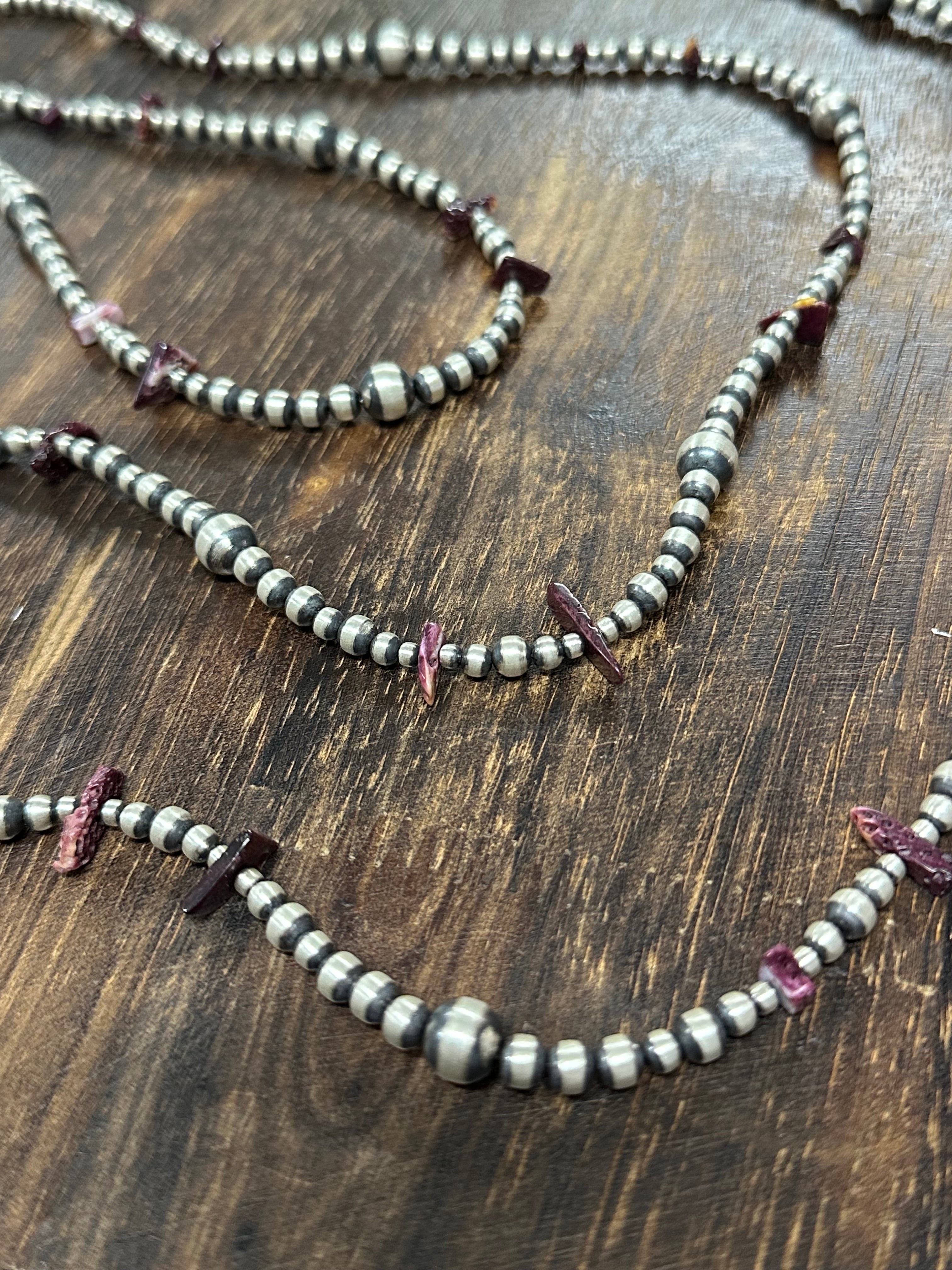 Navajo Strung Purple Spiny Oyster & Sterling Silver Pearls Beaded Necklace