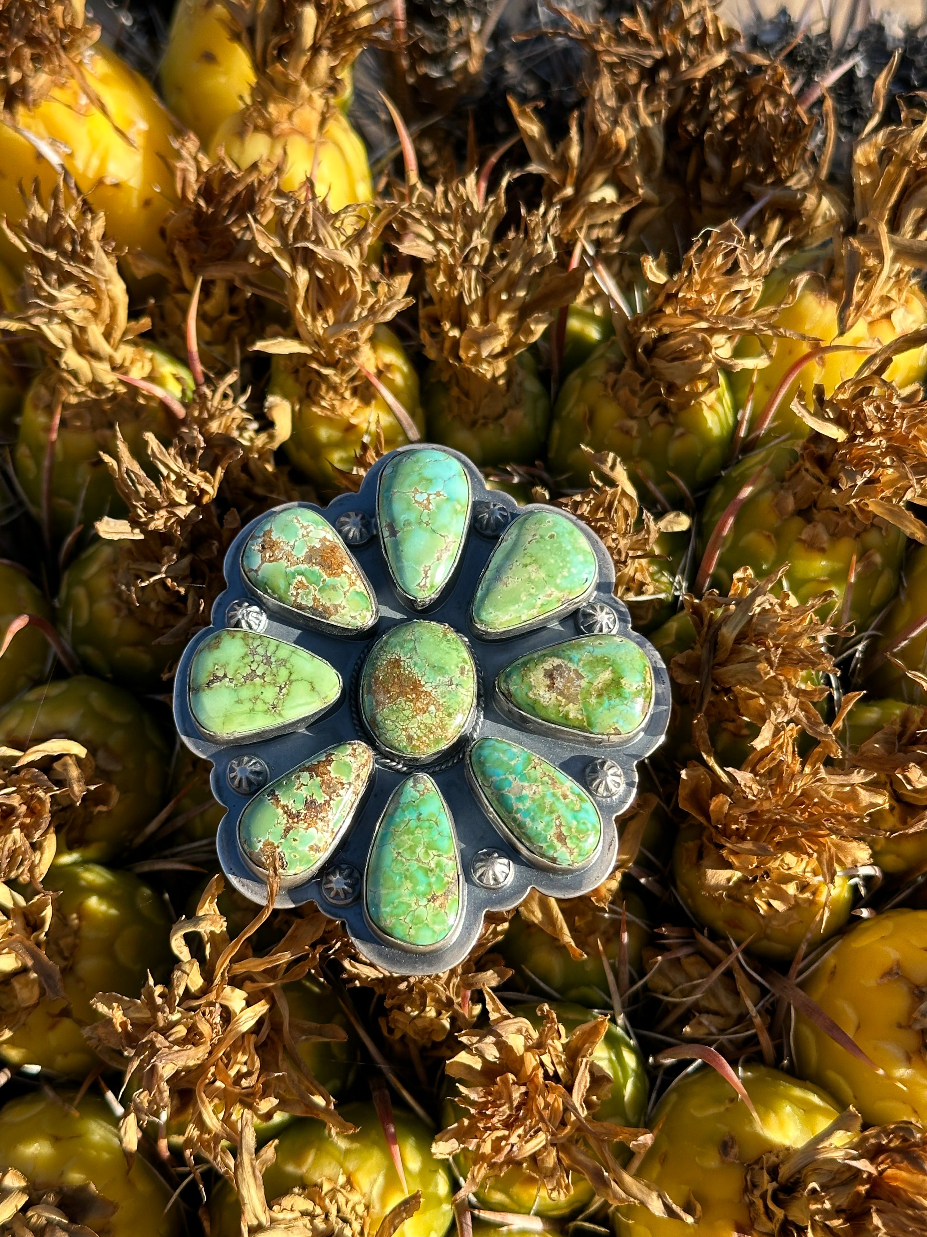 Steven Nez Sonoran Gold Turquoise & Sterling Silver Cluster Adjustable Ring