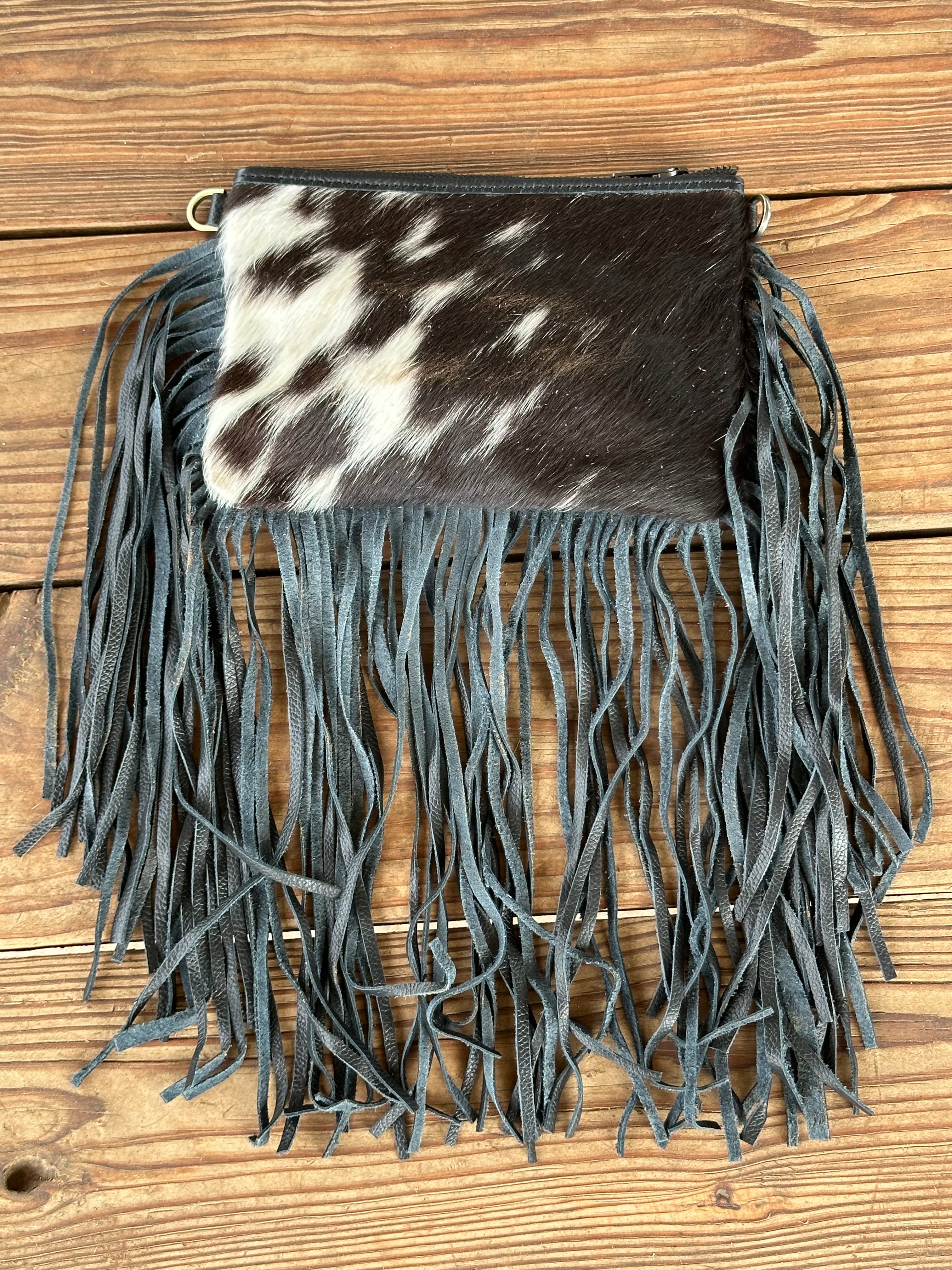 Genuine Leather Cowhide Tooled Cross Body Fringe Purse