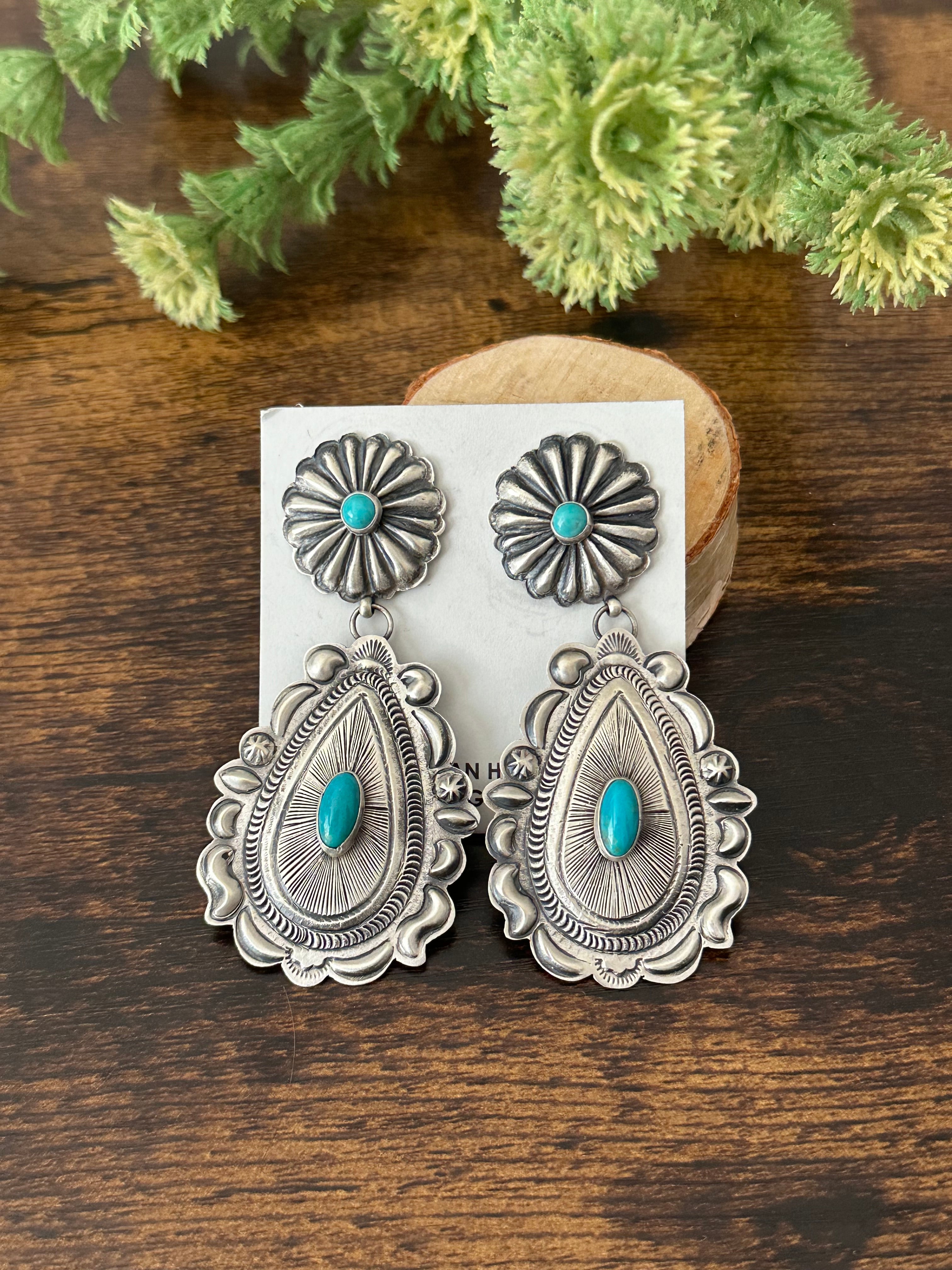 Eugene Charley Kingman Turquoise & Sterling Silver Post Dangle Earrings