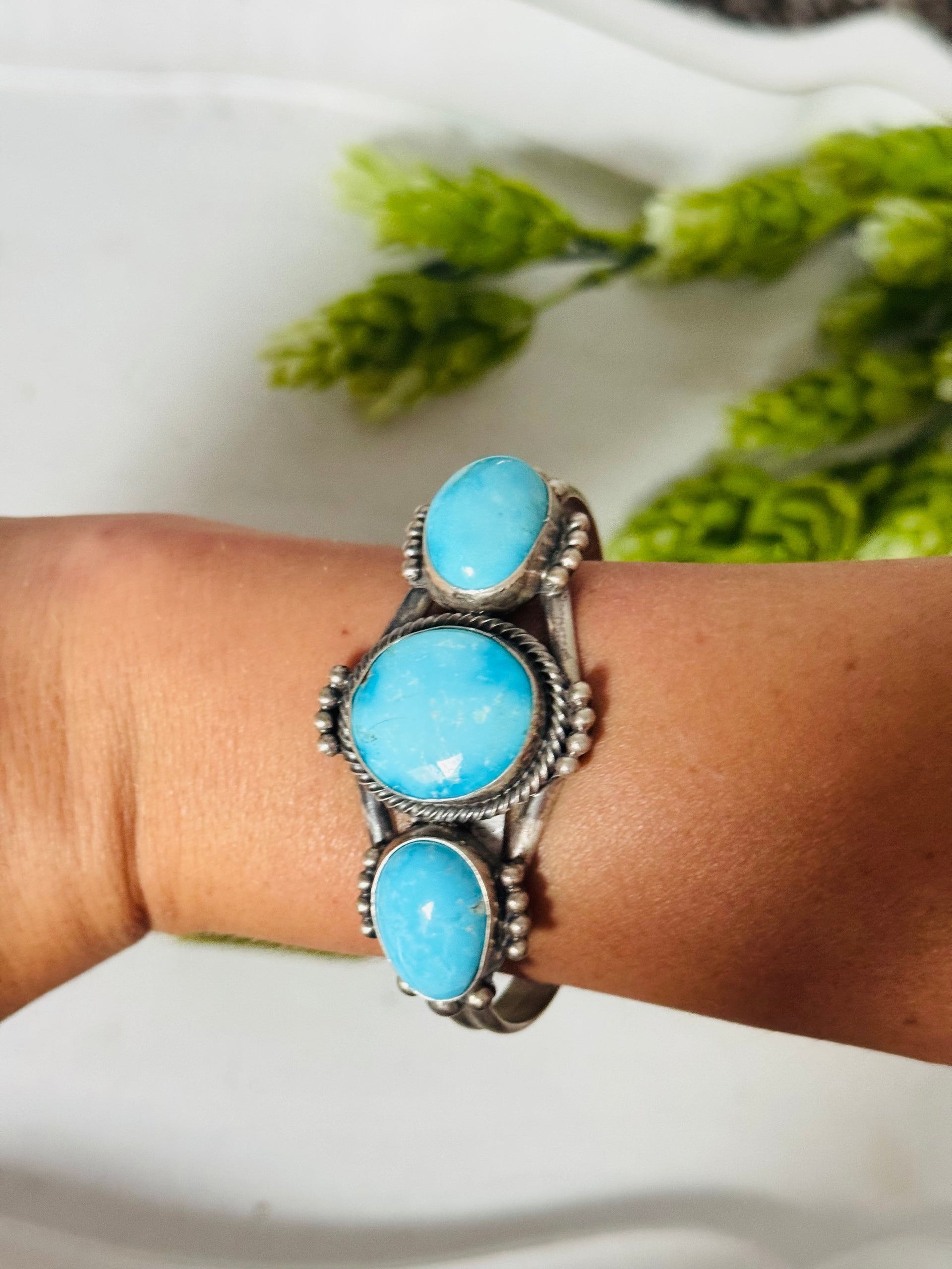 Navajo Made Sonoran Mountain Turquoise & Sterling Silver Cuff Bracelet
