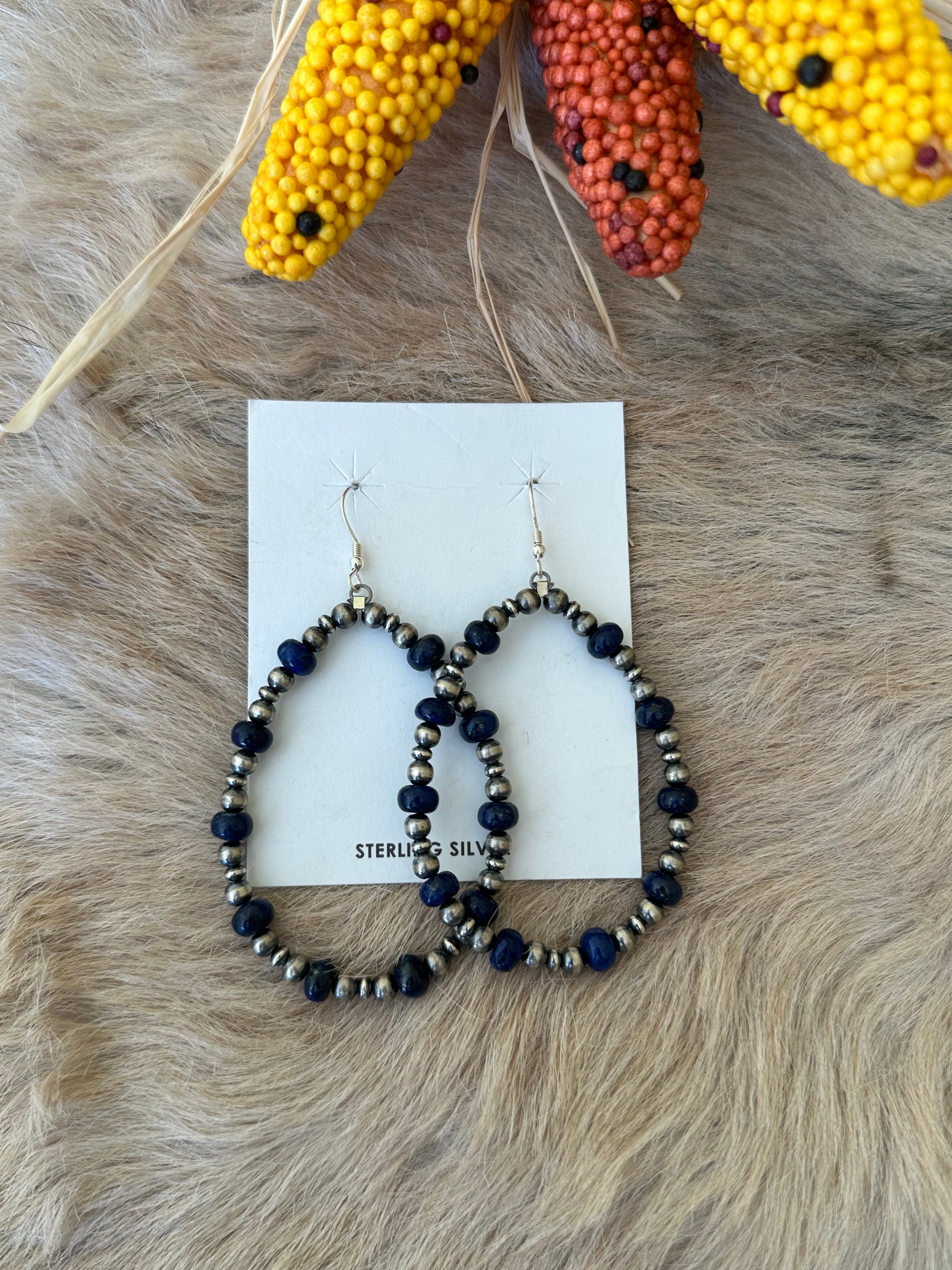 Navajo Strung Lapis & Sterling Silver Graduated Pearls Dangle Earrings