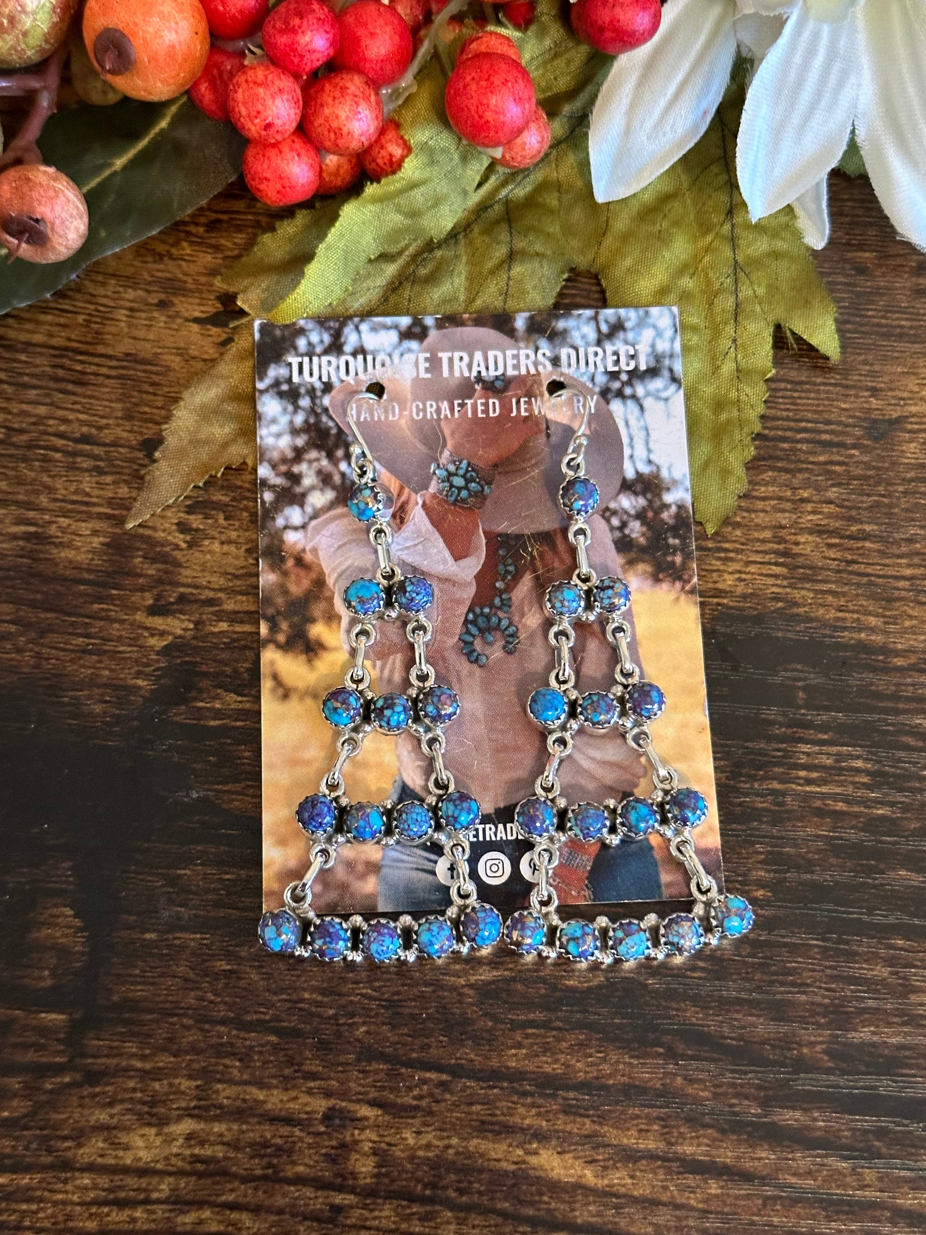 Southwest Handmade Mohave Turquoise & Sterling Silver Dangle Cluster Earrings