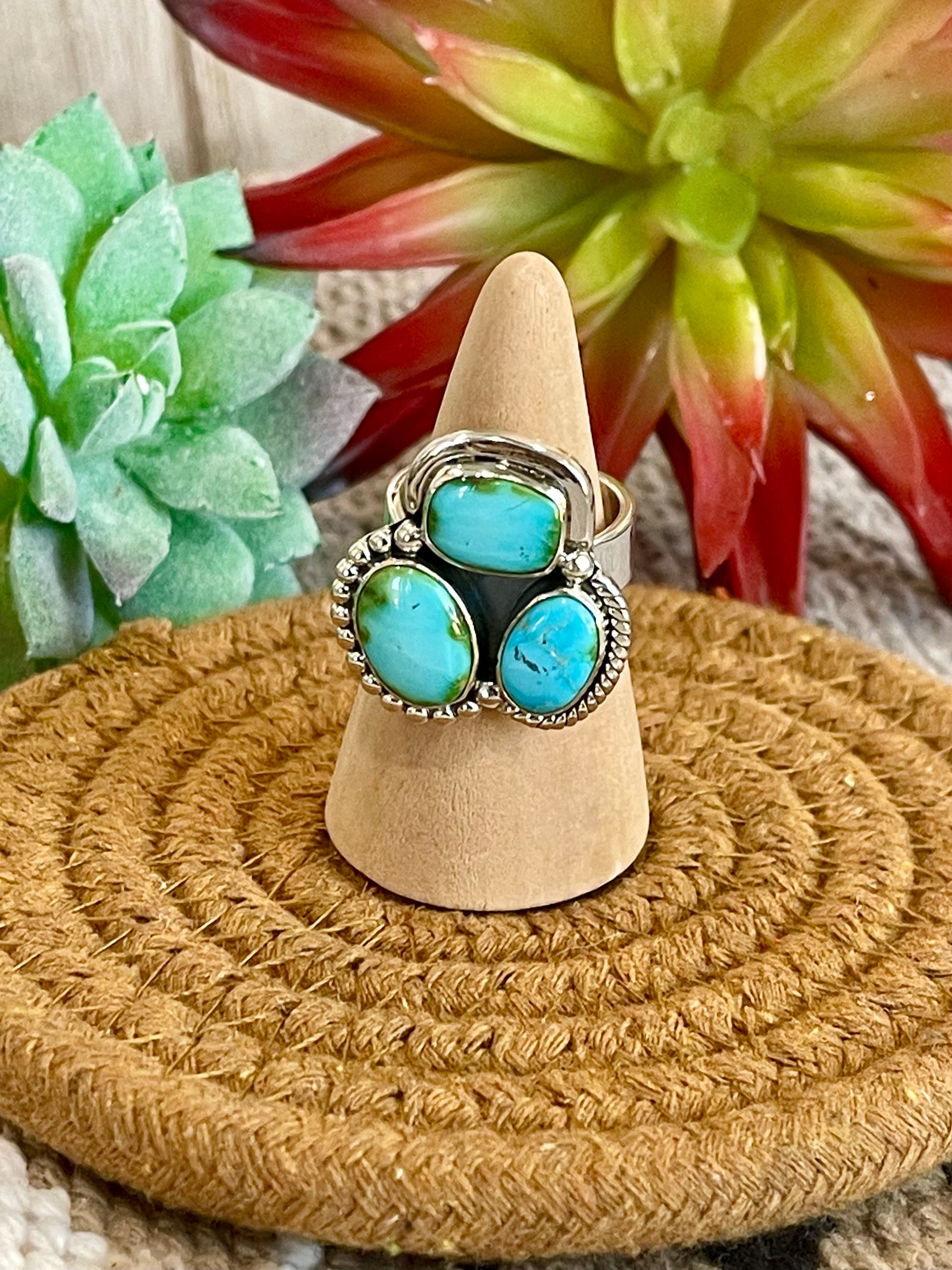 Southwest Handmade Sonoran Mountain Turquoise & Sterling Silver Adjustable 3 Stone Ring