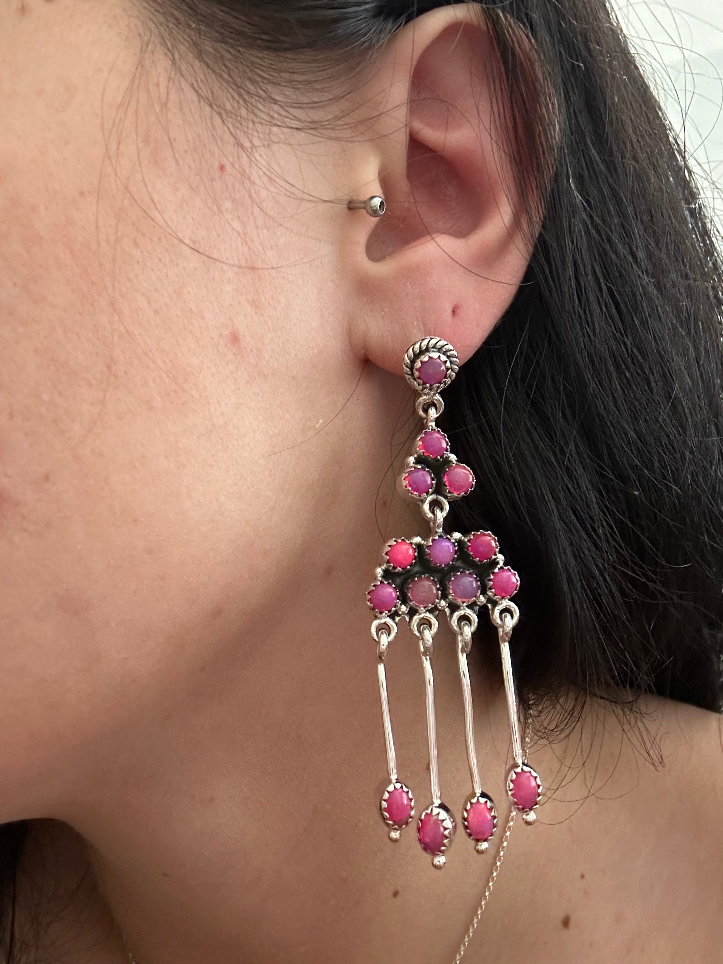 Southwest Handmade Hot Pink Opal & Sterling Silver Post Dangle Earrings